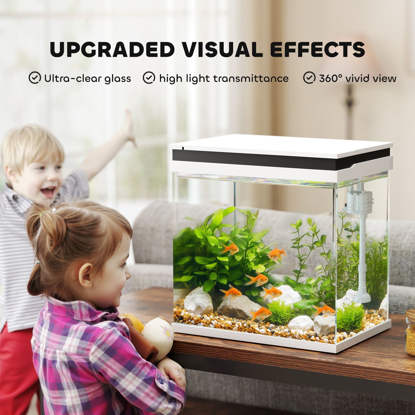 Fish Tank, 26L Glass Aquarium with Filter System, LED Lights, Water Pump, Betta Fish Tank for Goldfish, Shrimps, White