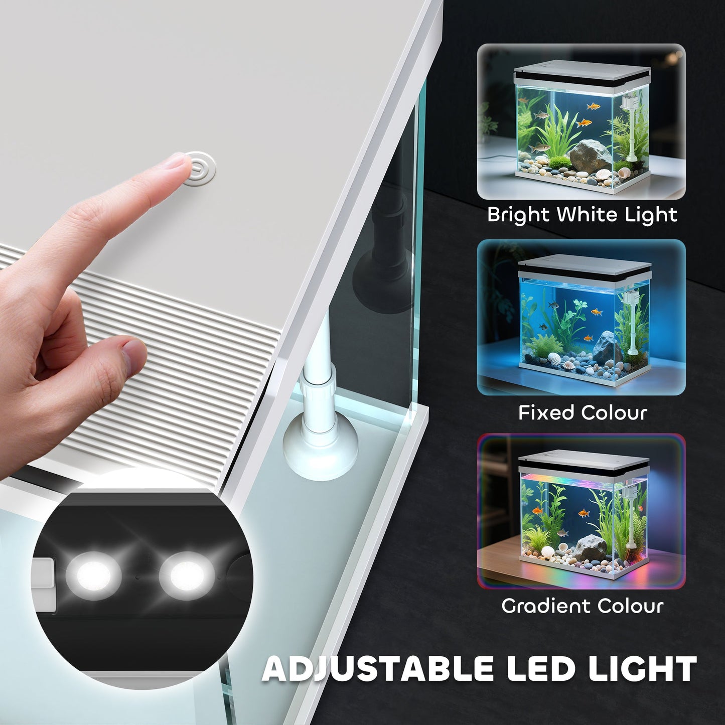 Fish Tank, 26L Glass Aquarium with Filter System, LED Lights, Water Pump, Betta Fish Tank for Goldfish, Shrimps, White