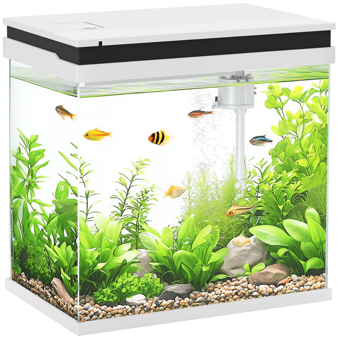 Fish Tank, 26L Glass Aquarium with Filter System, LED Lights, Water Pump, Betta Fish Tank for Goldfish, Shrimps, White