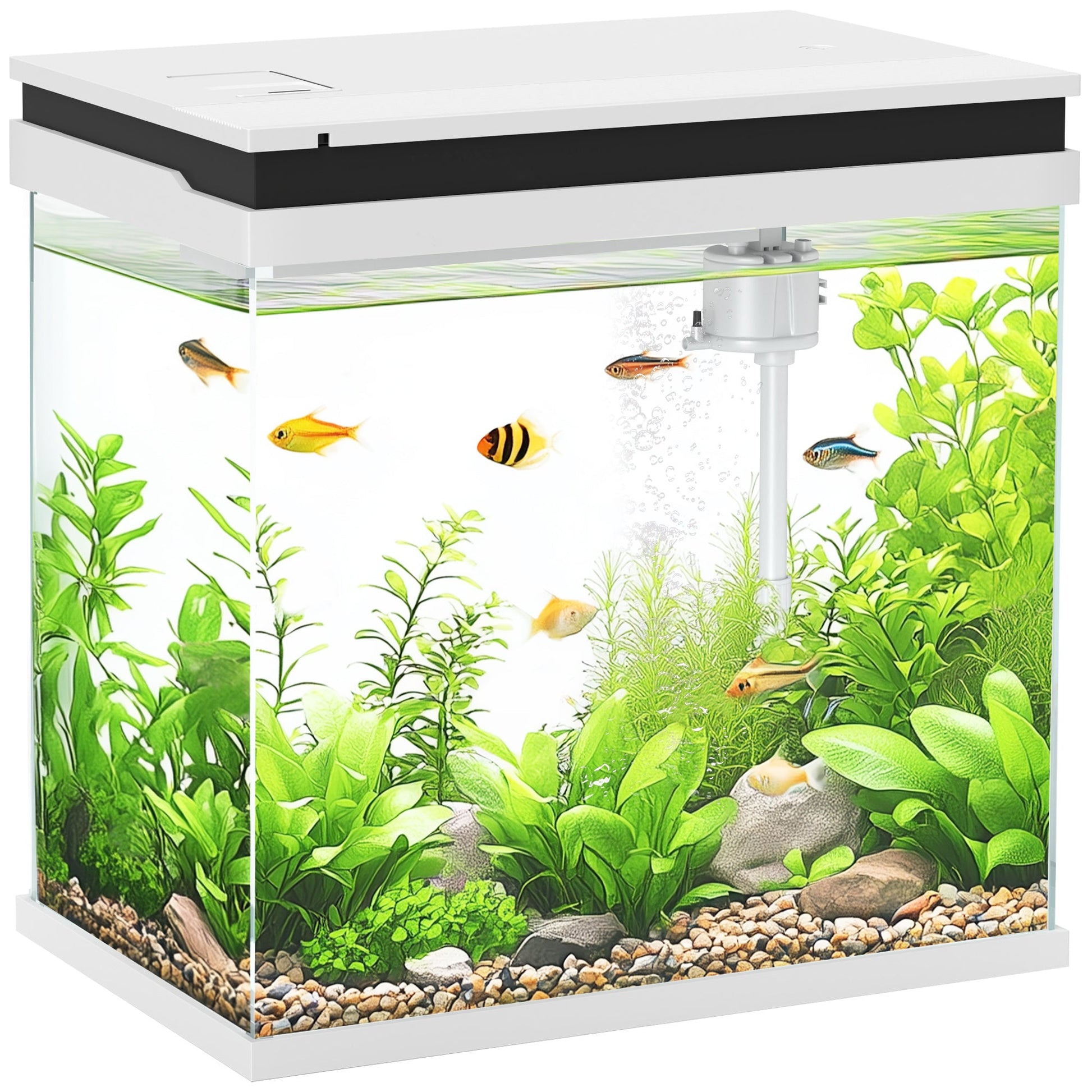 Fish Tank, 26L Glass Aquarium with Filter System, LED Lights, Water Pump, Betta Fish Tank for Goldfish, Shrimps, White