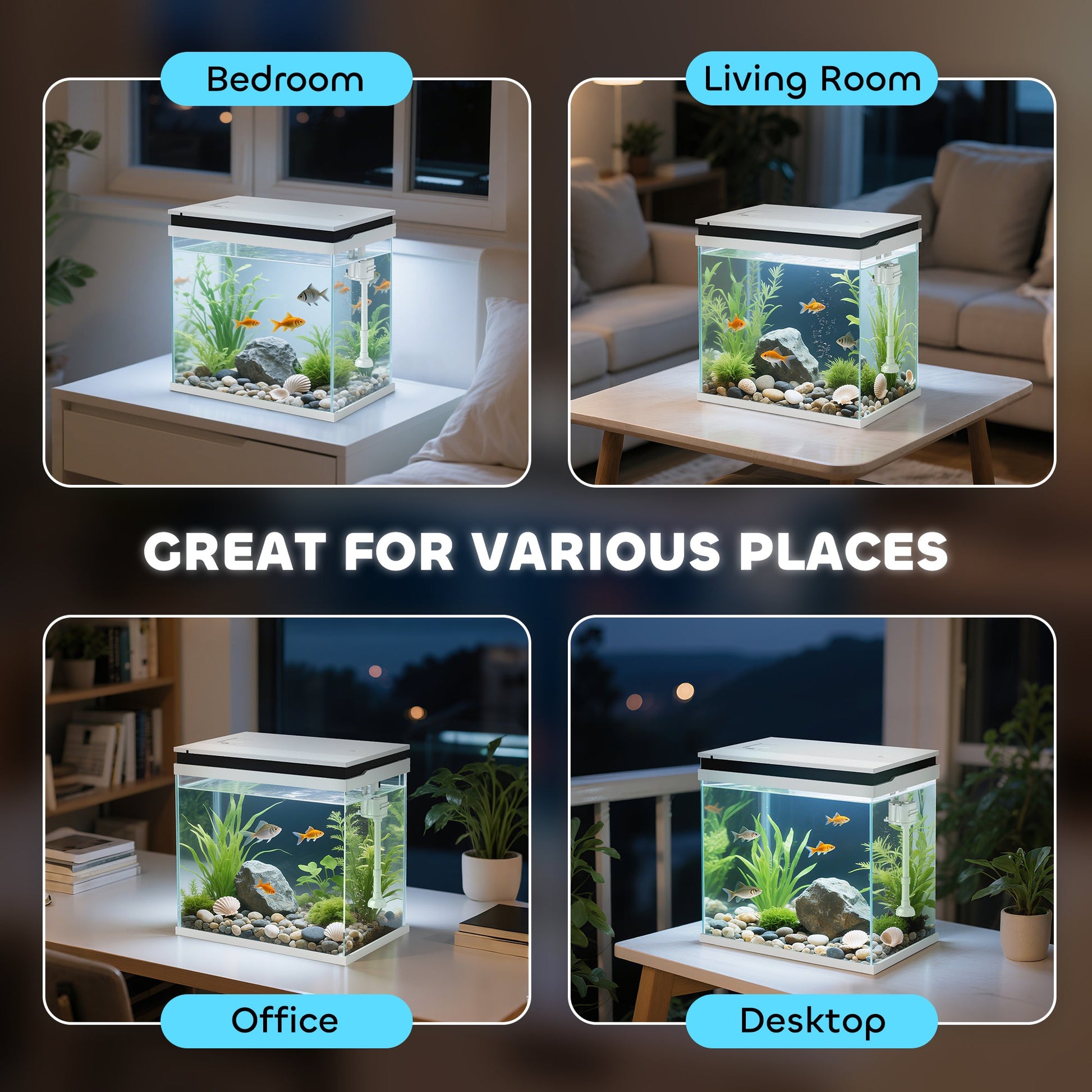 Fish Tank, 26L Glass Aquarium with Filter System, LED Lights, Water Pump, Betta Fish Tank for Goldfish, Shrimps, White