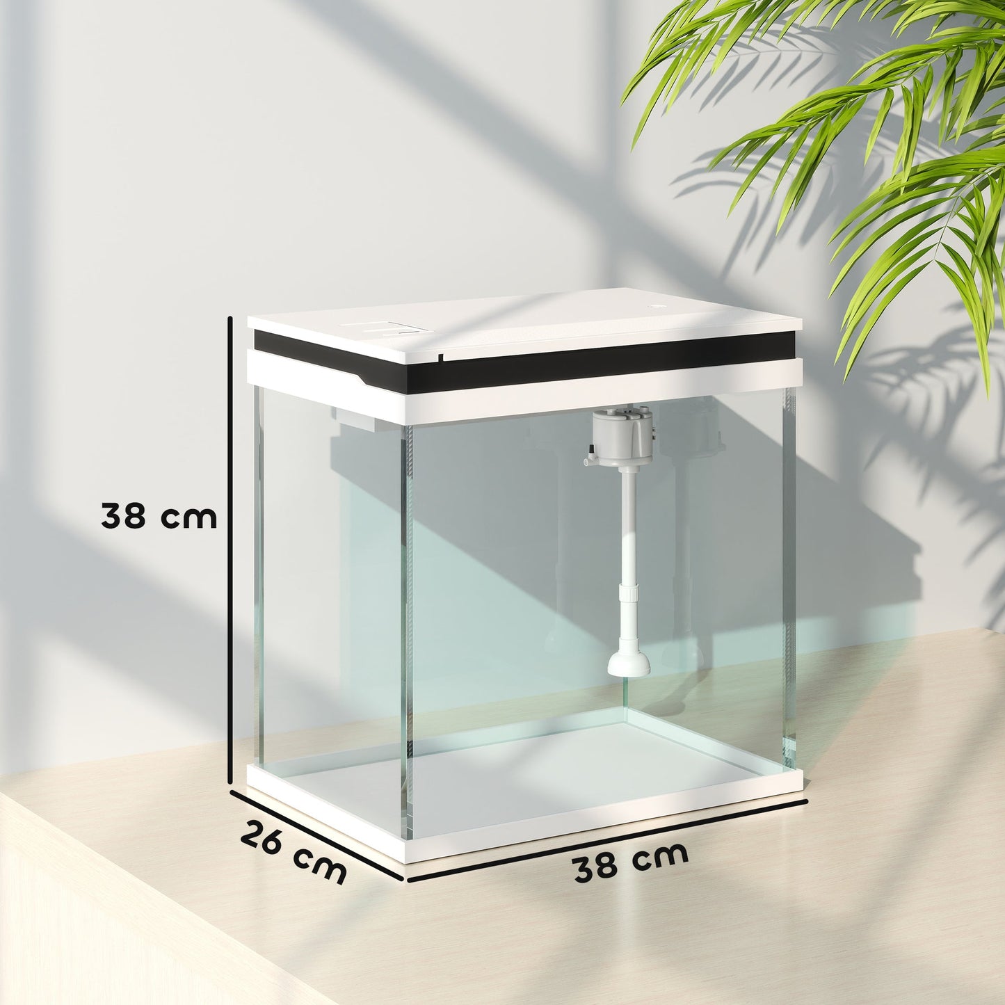 Fish Tank, 26L Glass Aquarium with Filter System, LED Lights, Water Pump, Betta Fish Tank for Goldfish, Shrimps, White
