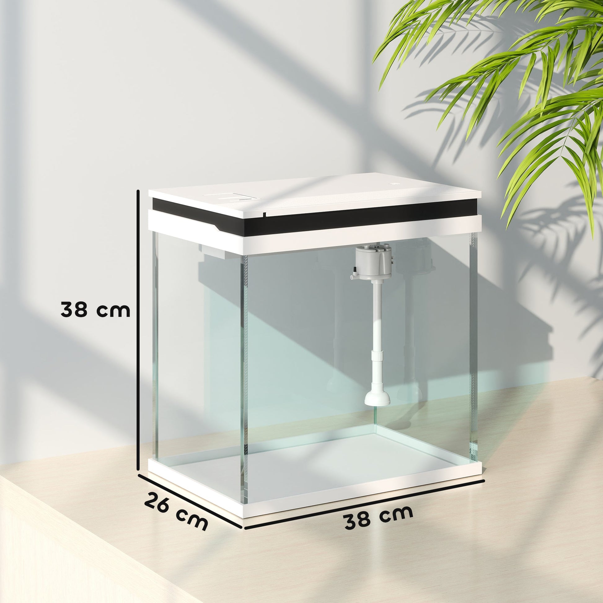 Fish Tank, 26L Glass Aquarium with Filter System, LED Lights, Water Pump, Betta Fish Tank for Goldfish, Shrimps, White