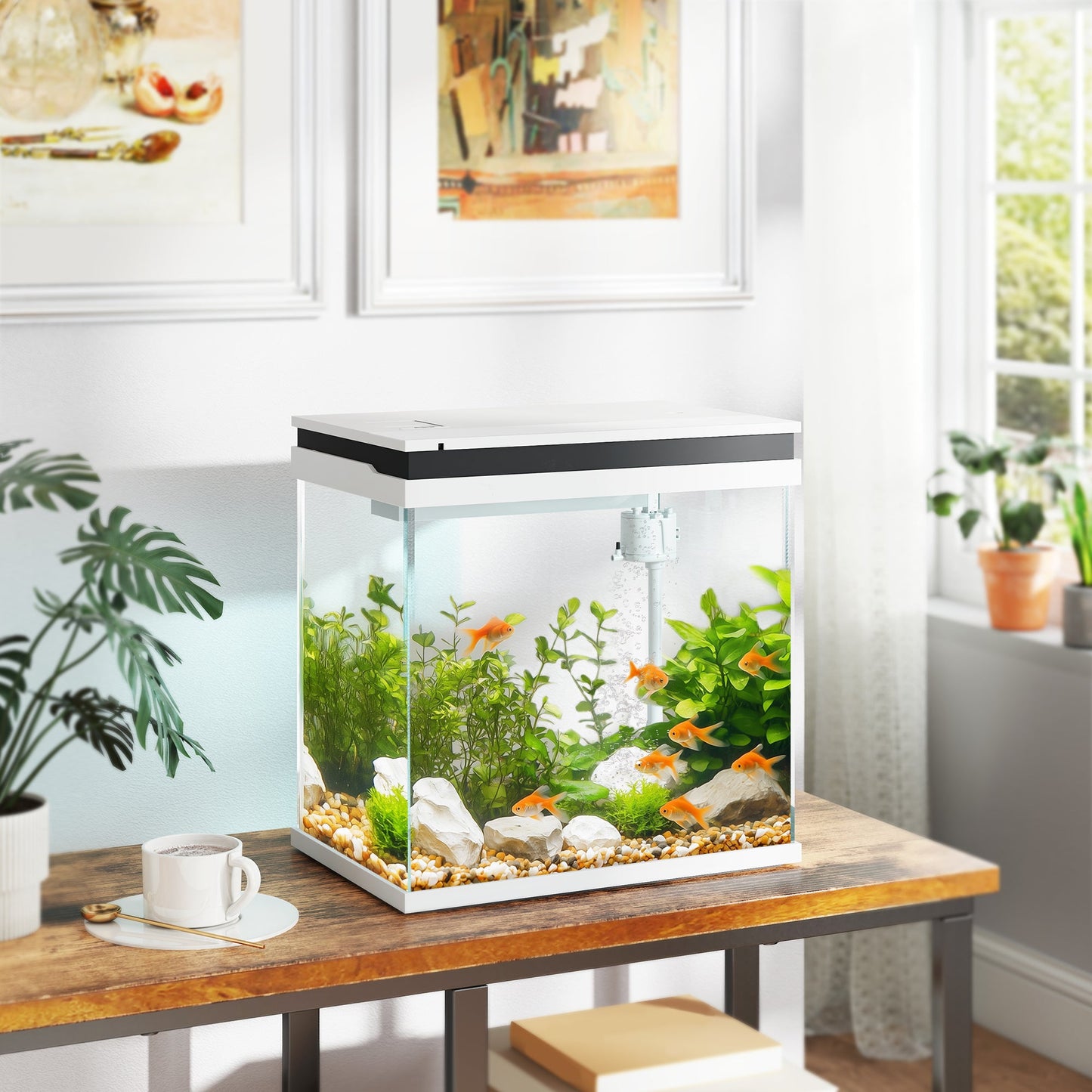 Fish Tank, 26L Glass Aquarium with Filter System, LED Lights, Water Pump, Betta Fish Tank for Goldfish, Shrimps, White