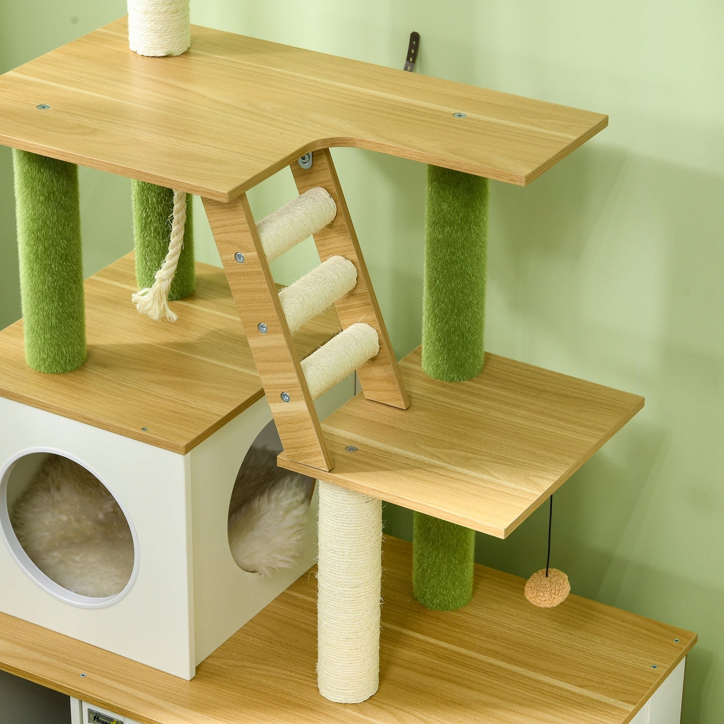 Cat Tree with Hidden Litter Box Enclosure, 2-in-1 Green Leaf Cat Tower, Litter Box Furniture with House, Ladder, Scratching Posts, Platforms, for Indoor Use - Oak