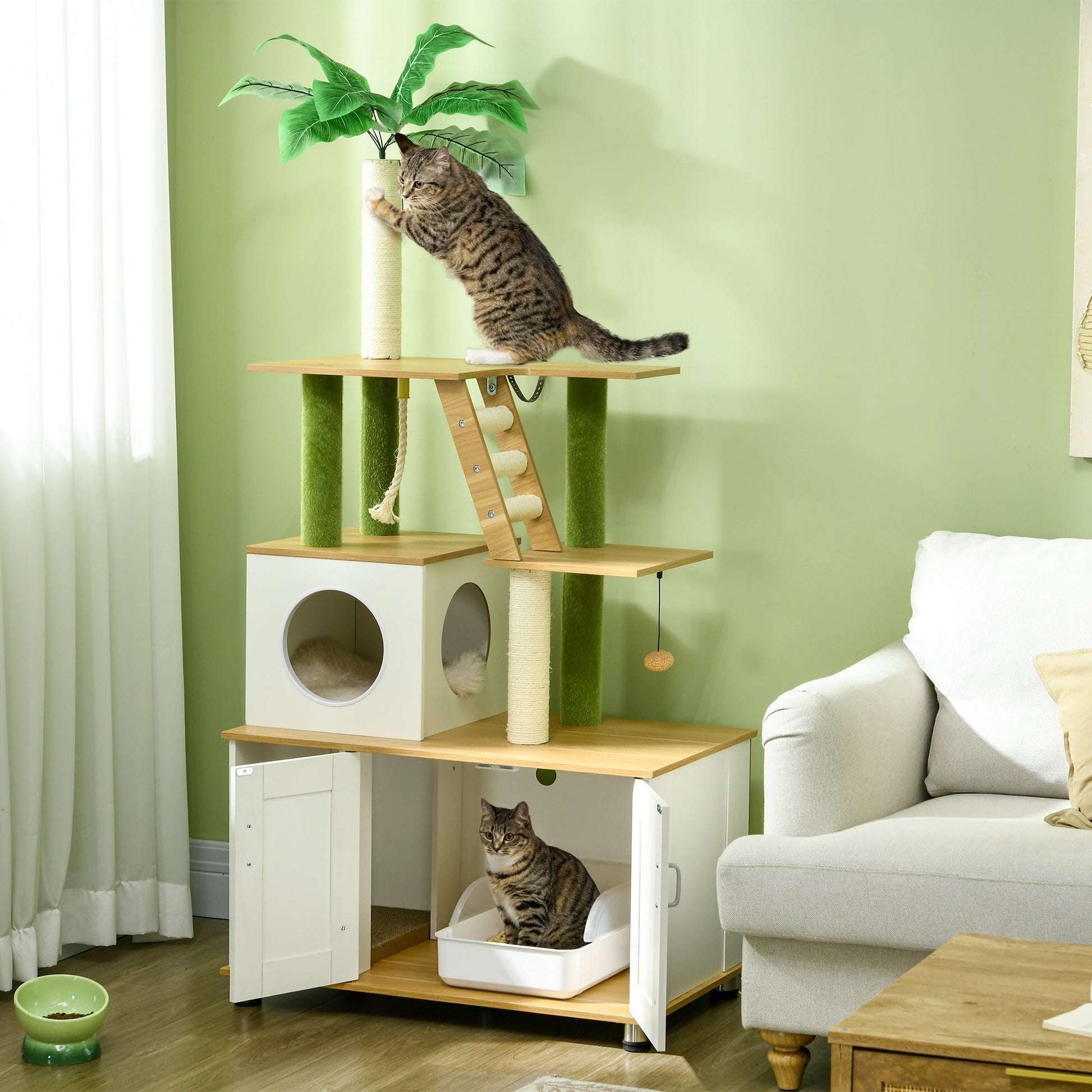 Cat Tree with Hidden Litter Box Enclosure, 2-in-1 Green Leaf Cat Tower, Litter Box Furniture with House, Ladder, Scratching Posts, Platforms, for Indoor Use - Oak