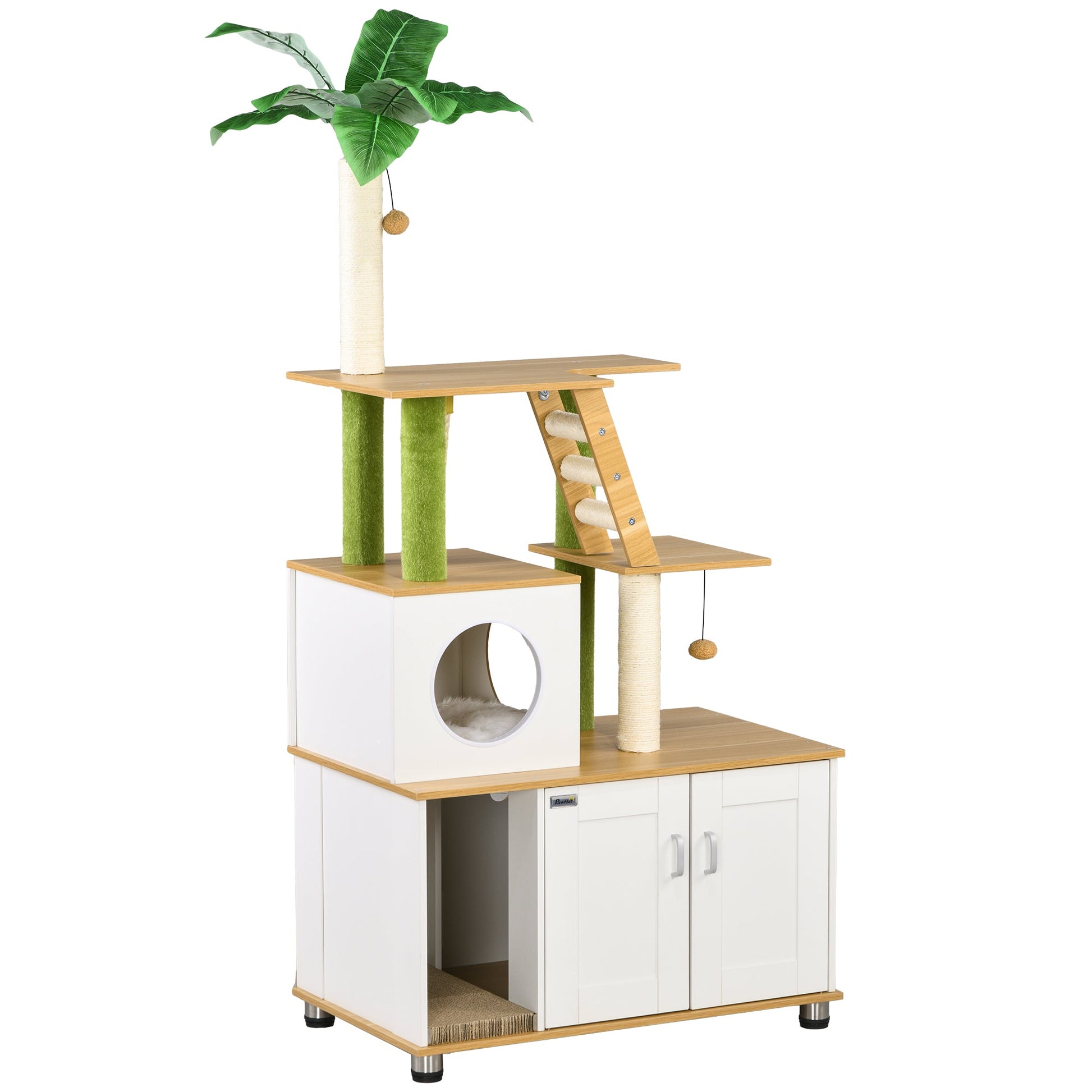 Cat Tree with Hidden Litter Box Enclosure, 2-in-1 Green Leaf Cat Tower, Litter Box Furniture with House, Ladder, Scratching Posts, Platforms, for Indoor Use - Oak