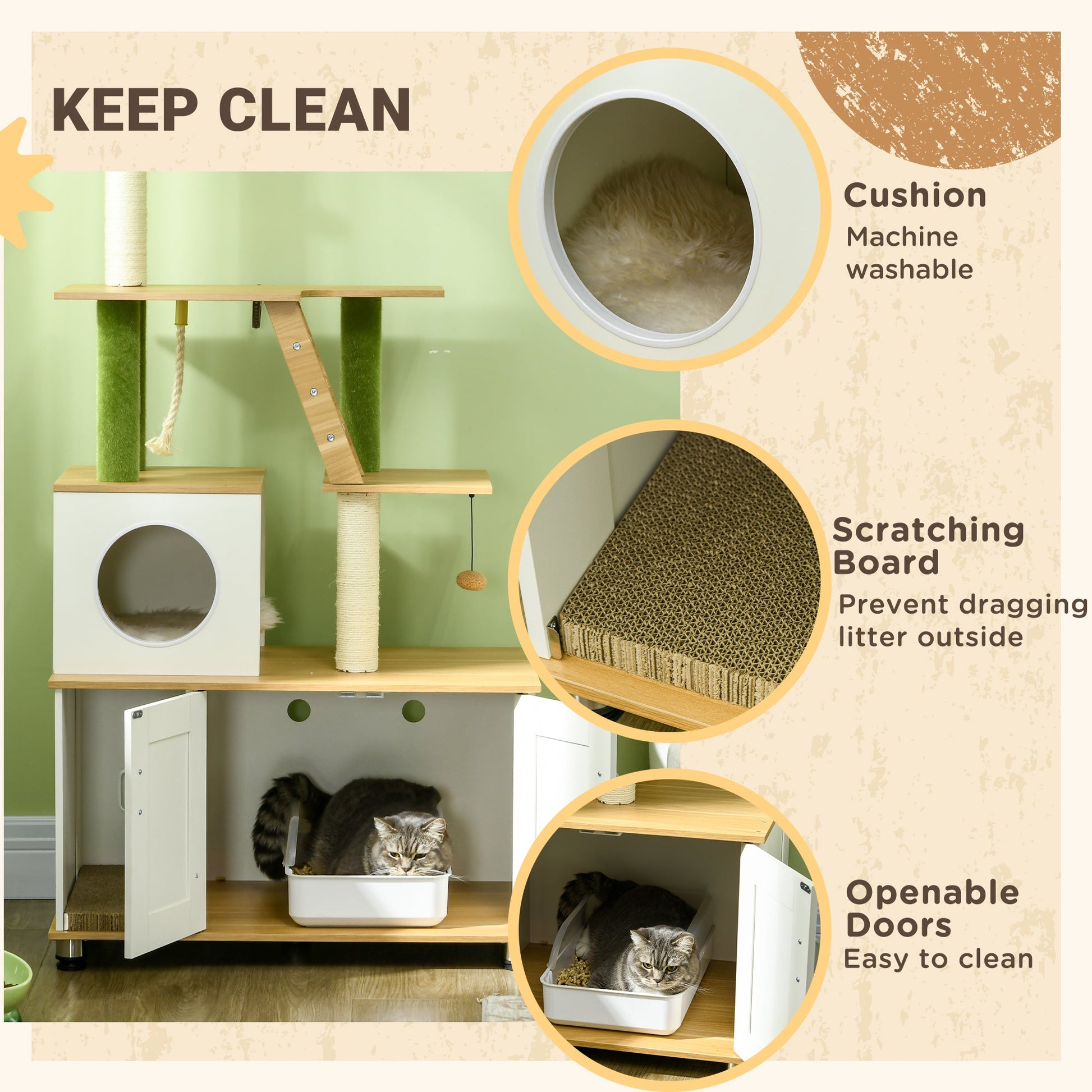 Cat Tree with Hidden Litter Box Enclosure, 2-in-1 Green Leaf Cat Tower, Litter Box Furniture with House, Ladder, Scratching Posts, Platforms, for Indoor Use - Oak