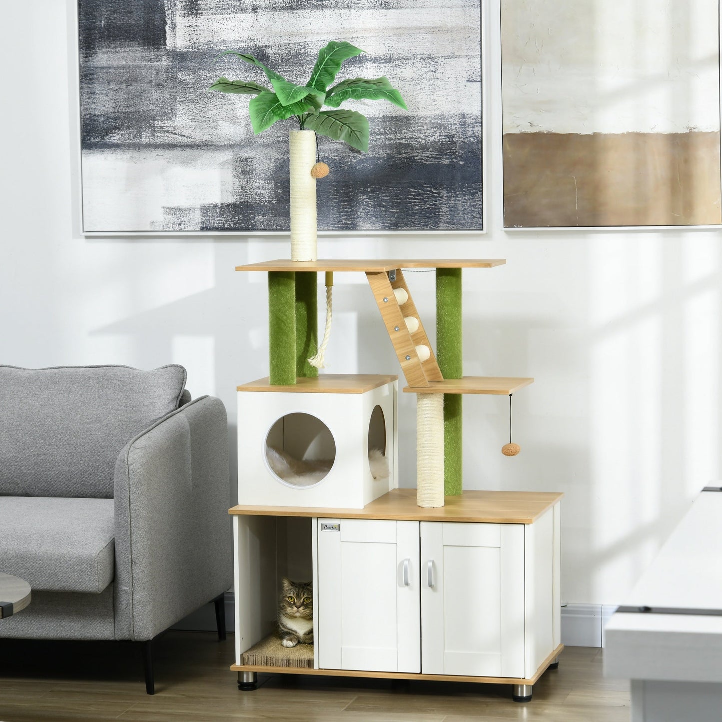 Cat Tree with Hidden Litter Box Enclosure, 2-in-1 Green Leaf Cat Tower, Litter Box Furniture with House, Ladder, Scratching Posts, Platforms, for Indoor Use - Oak