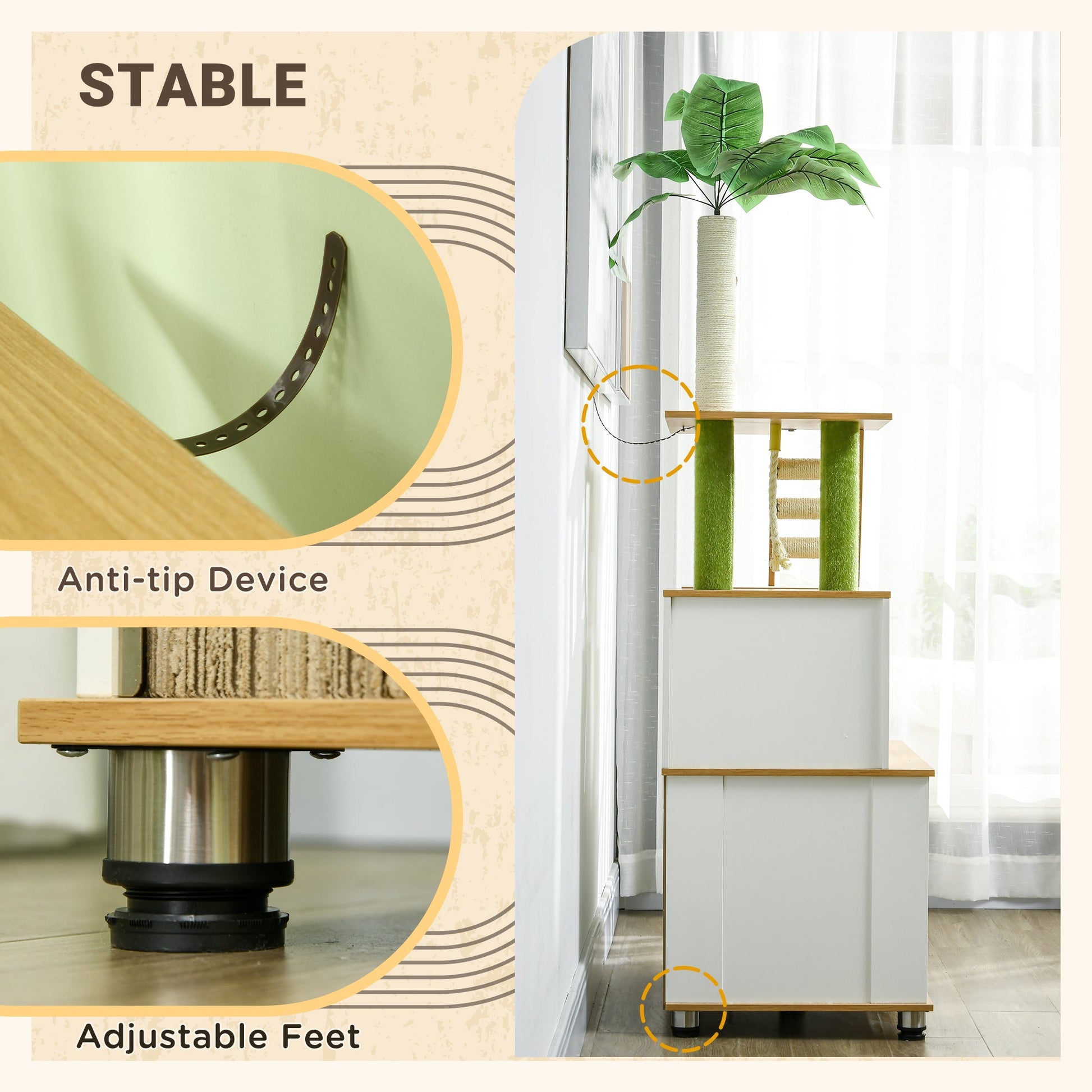 Cat Tree with Hidden Litter Box Enclosure, 2-in-1 Green Leaf Cat Tower, Litter Box Furniture with House, Ladder, Scratching Posts, Platforms, for Indoor Use - Oak