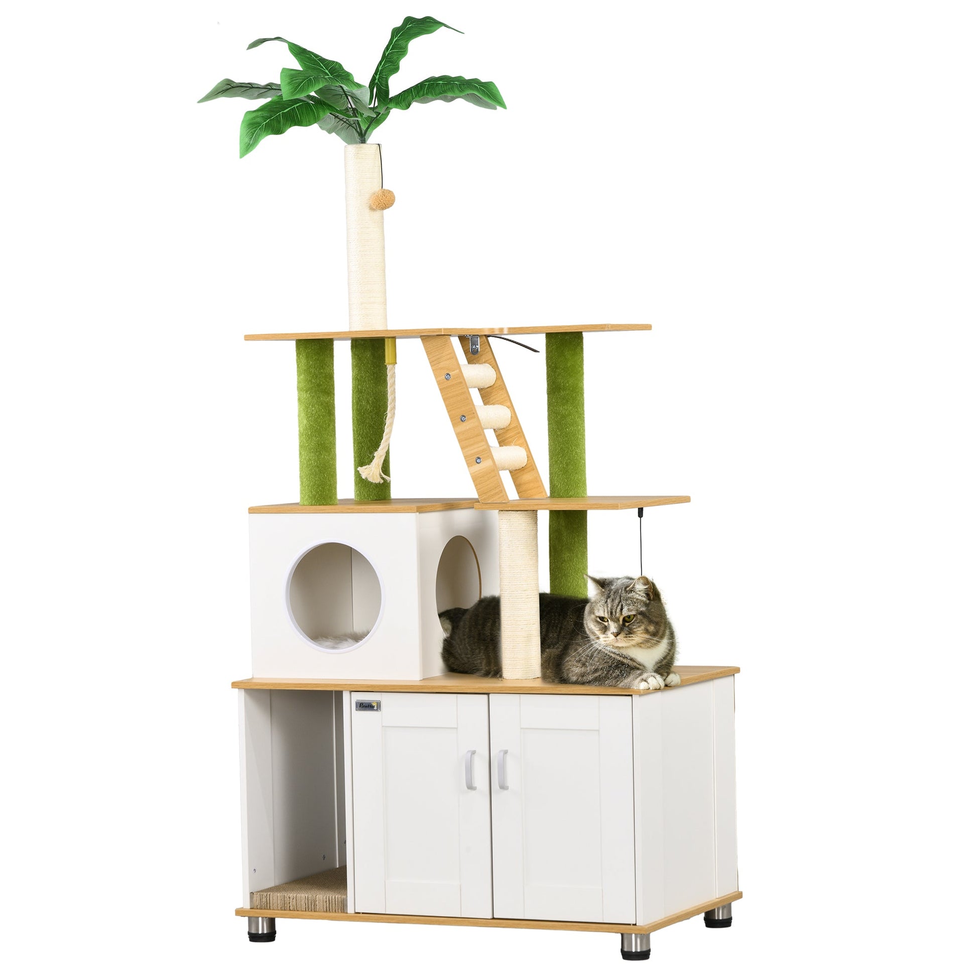 Cat Tree with Hidden Litter Box Enclosure, 2-in-1 Green Leaf Cat Tower, Litter Box Furniture with House, Ladder, Scratching Posts, Platforms, for Indoor Use - Oak