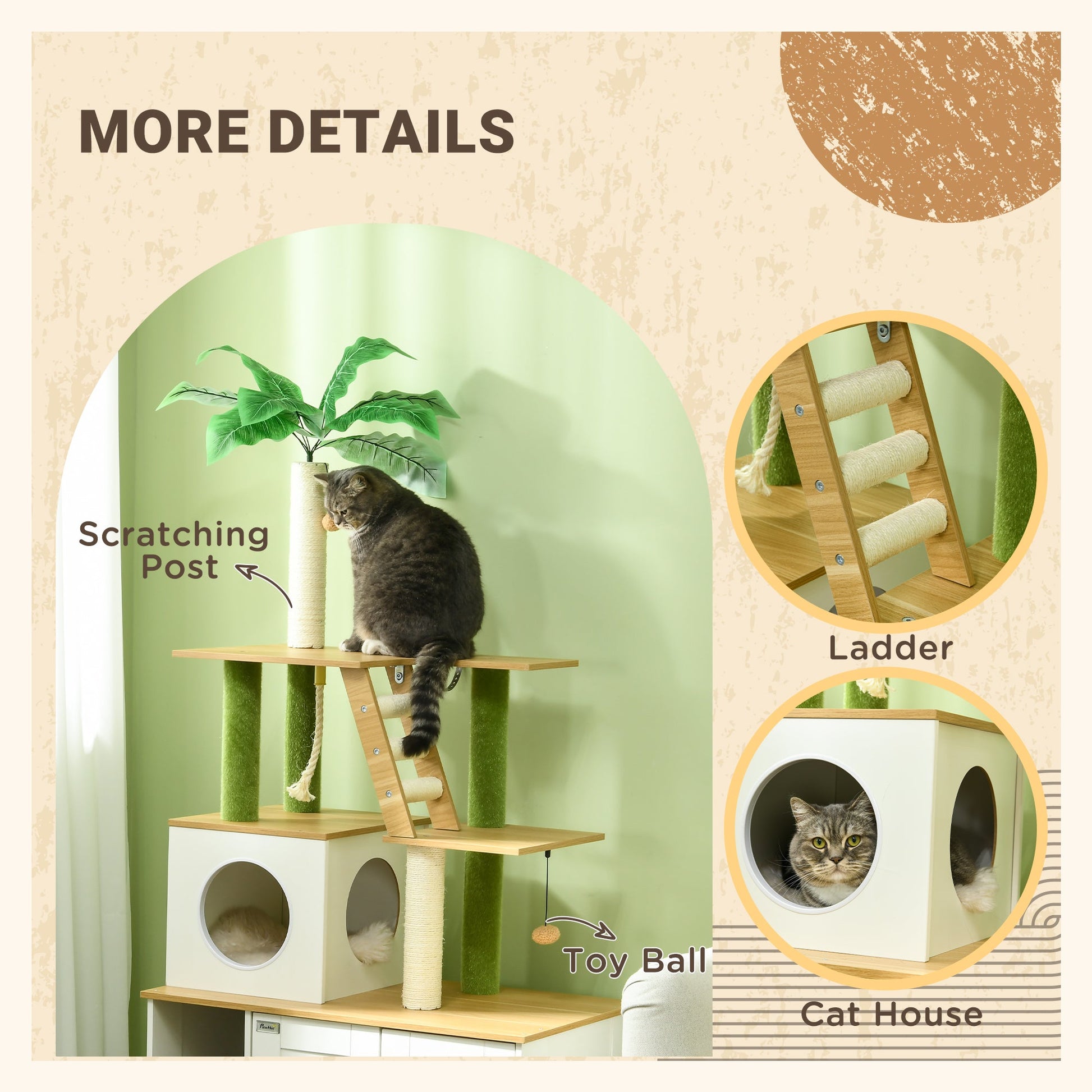 Cat Tree with Hidden Litter Box Enclosure, 2-in-1 Green Leaf Cat Tower, Litter Box Furniture with House, Ladder, Scratching Posts, Platforms, for Indoor Use - Oak