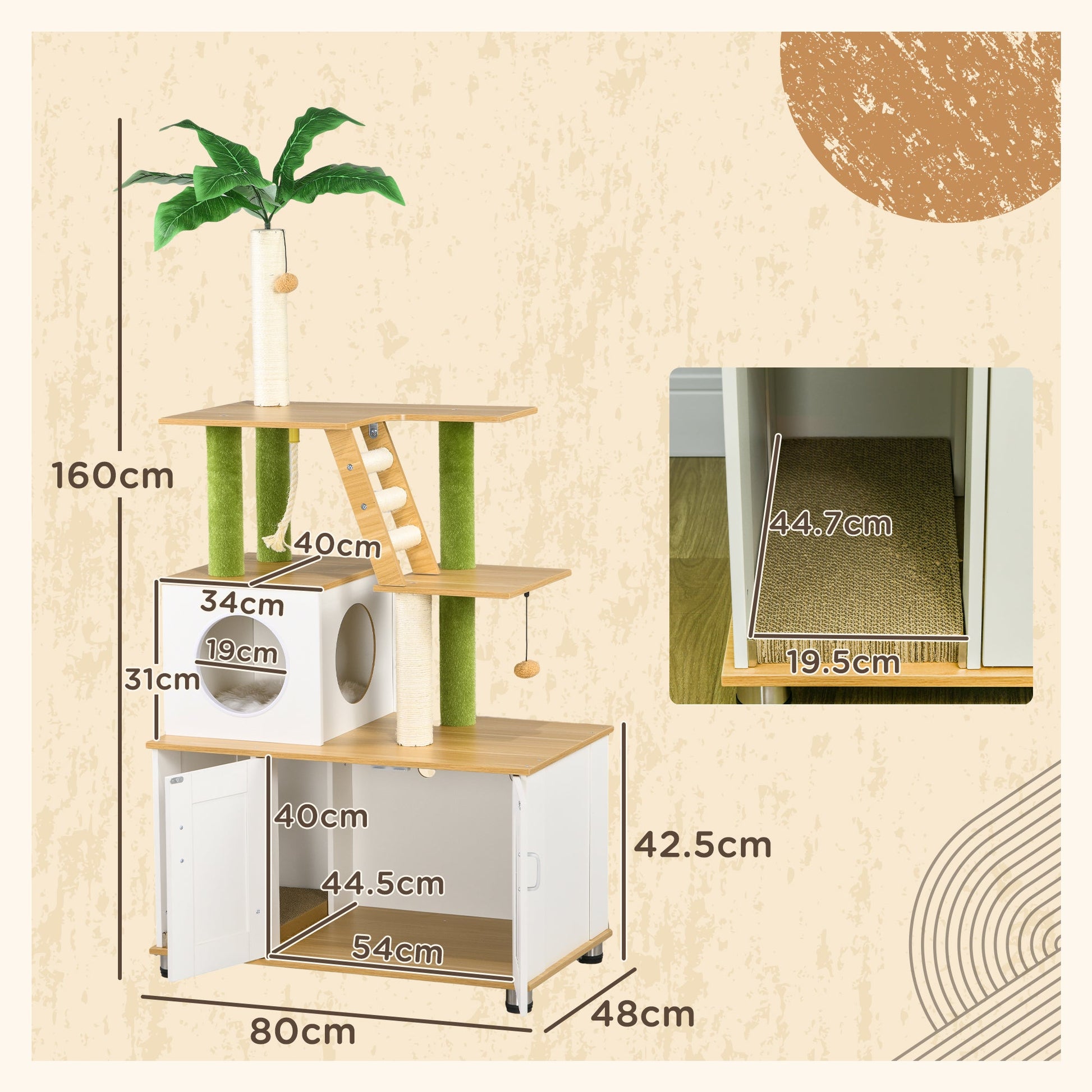 Cat Tree with Hidden Litter Box Enclosure, 2-in-1 Green Leaf Cat Tower, Litter Box Furniture with House, Ladder, Scratching Posts, Platforms, for Indoor Use - Oak