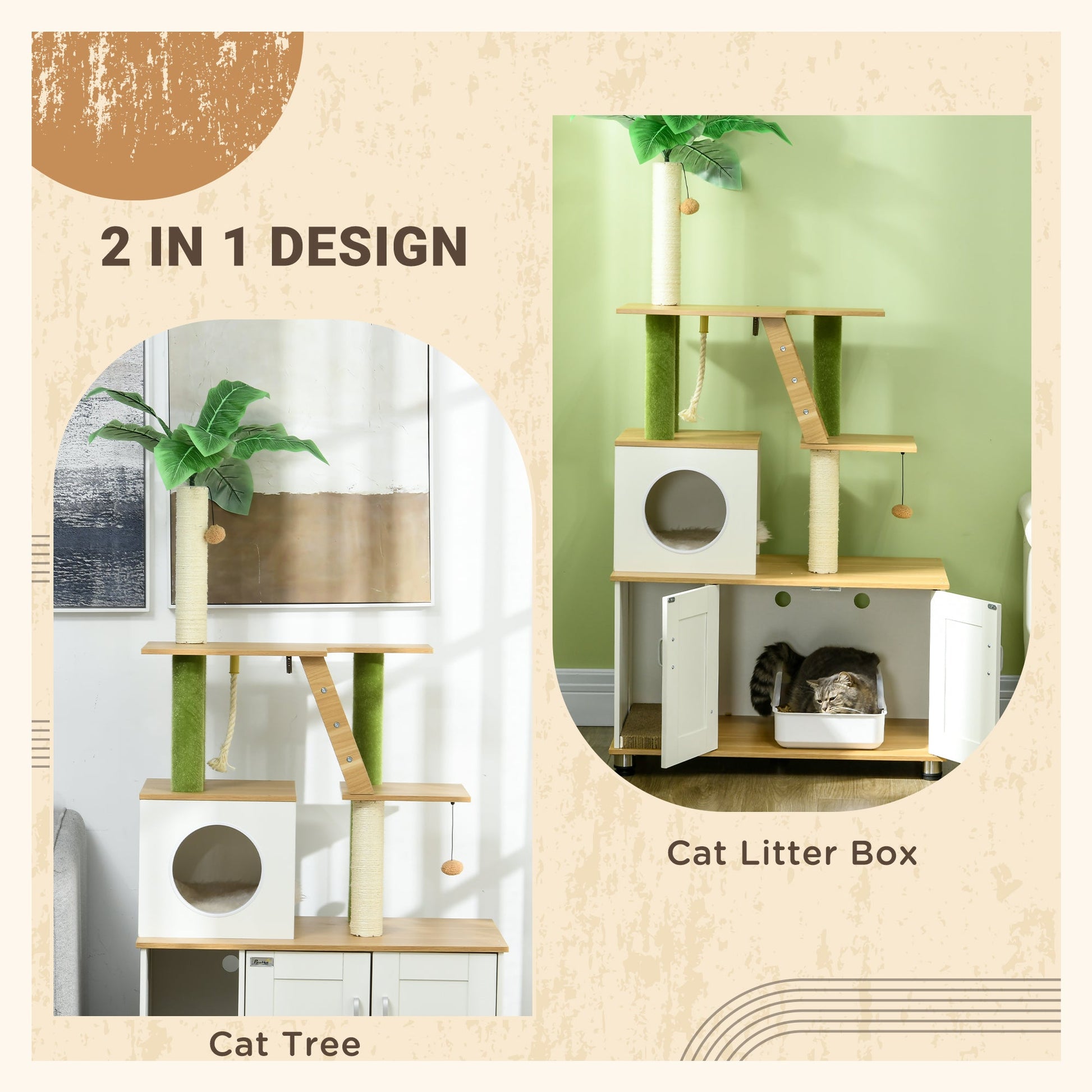 Cat Tree with Hidden Litter Box Enclosure, 2-in-1 Green Leaf Cat Tower, Litter Box Furniture with House, Ladder, Scratching Posts, Platforms, for Indoor Use - Oak