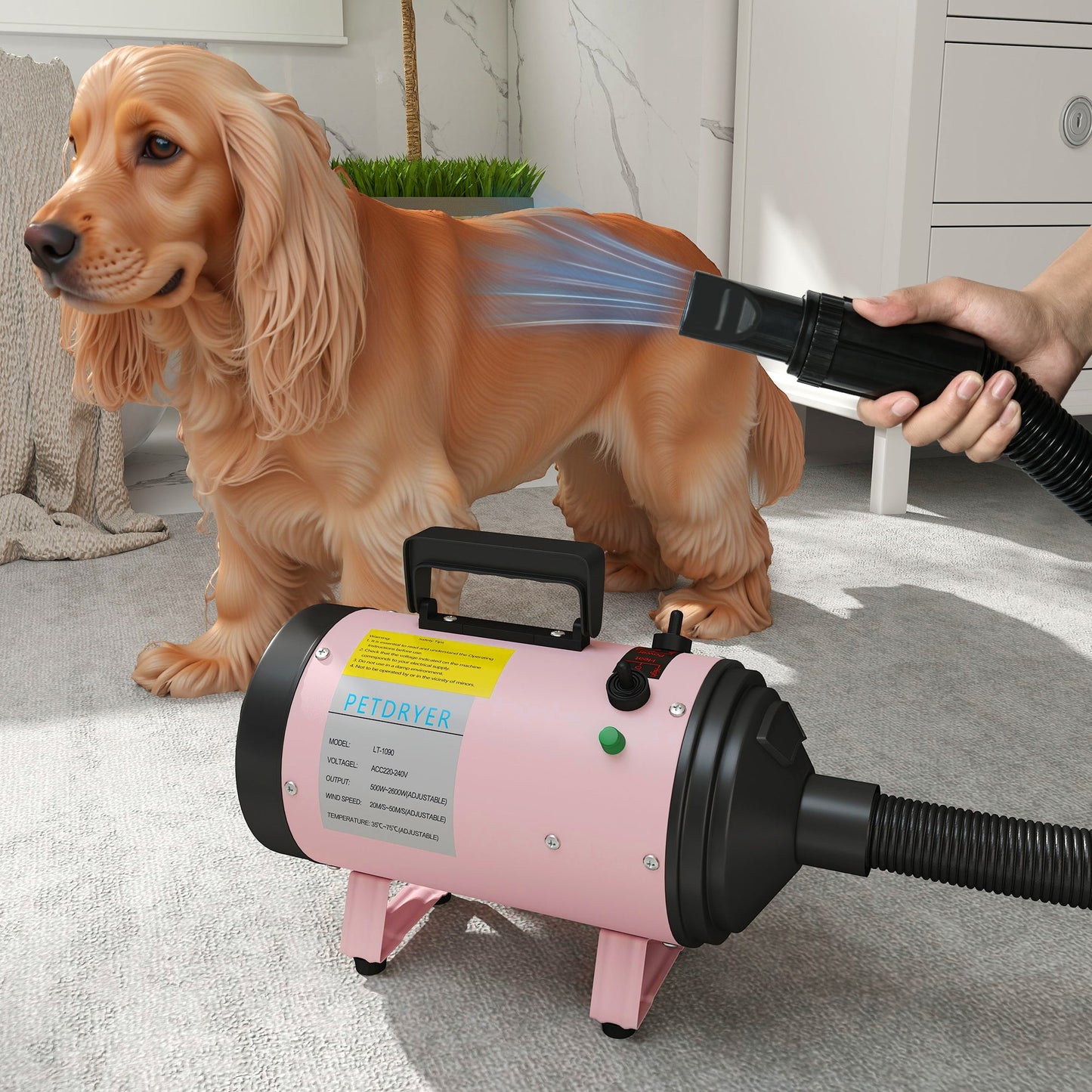 Dog Hair Dryer, 2200W Pet Grooming Hair Dryer with Adjustable Temperature & Velocity, Professional Low Noise Dog Blaster with 3 Different Nozzles, Pink