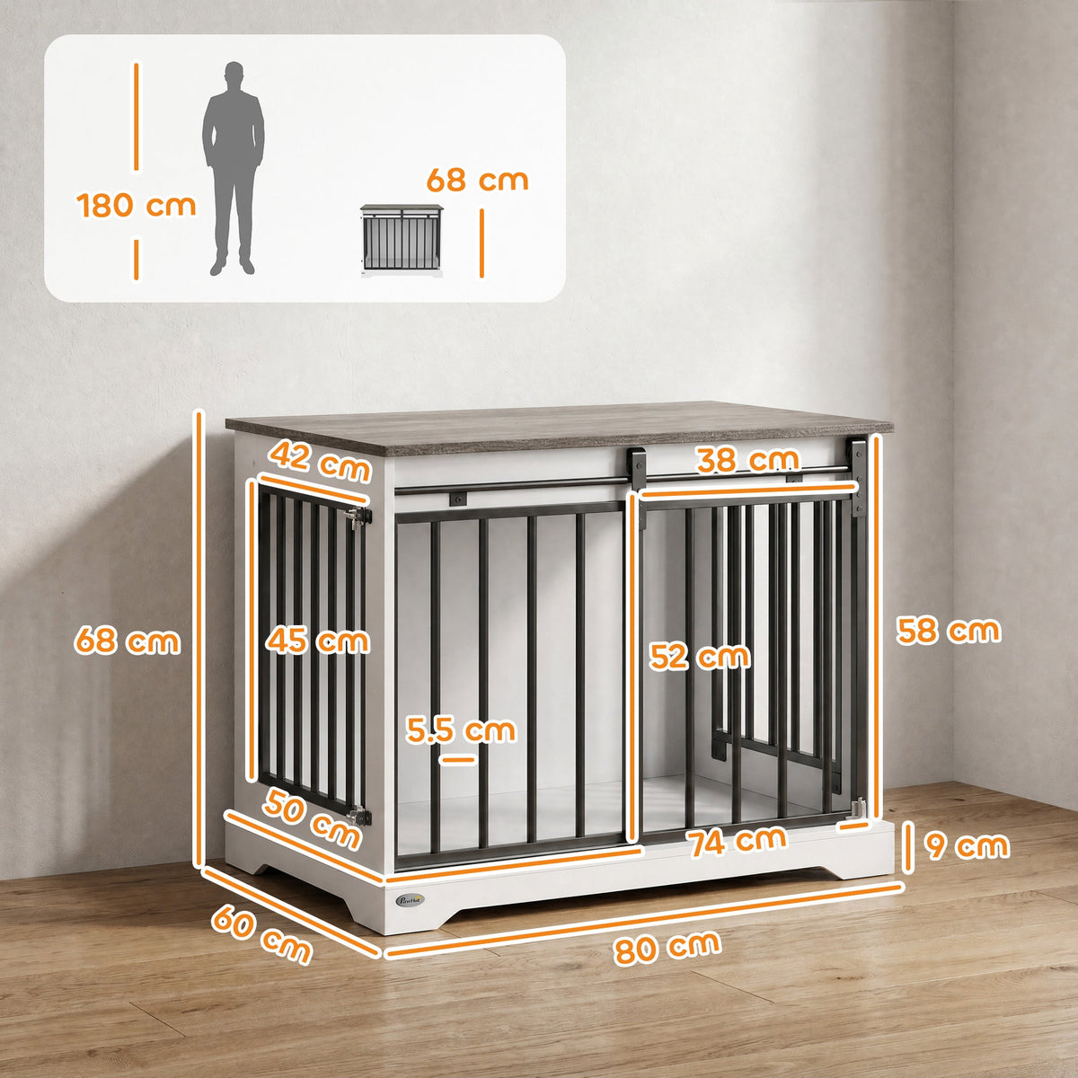 Dog Crate Furniture, 80 cm Double Door Wooden Dog Crate with Sliding Barn Door, Indoor Kennel End Table for Medium Breeds, Anti-Chew Steel Puppy Cage, White