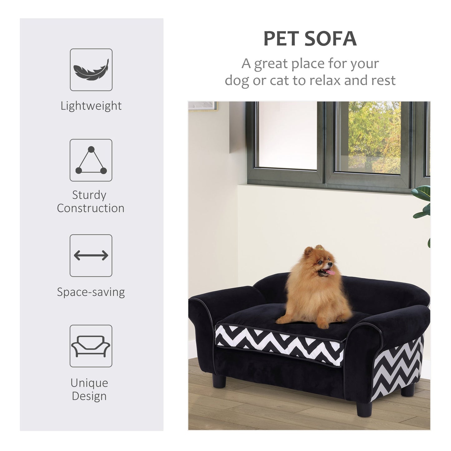 Dog Sofa Bed for XS-Sized Dogs, Cat Sofa with Soft Cushion, Pet Chair Lounge with Washable Cover, Removable Legs, Wooden Frame - Black