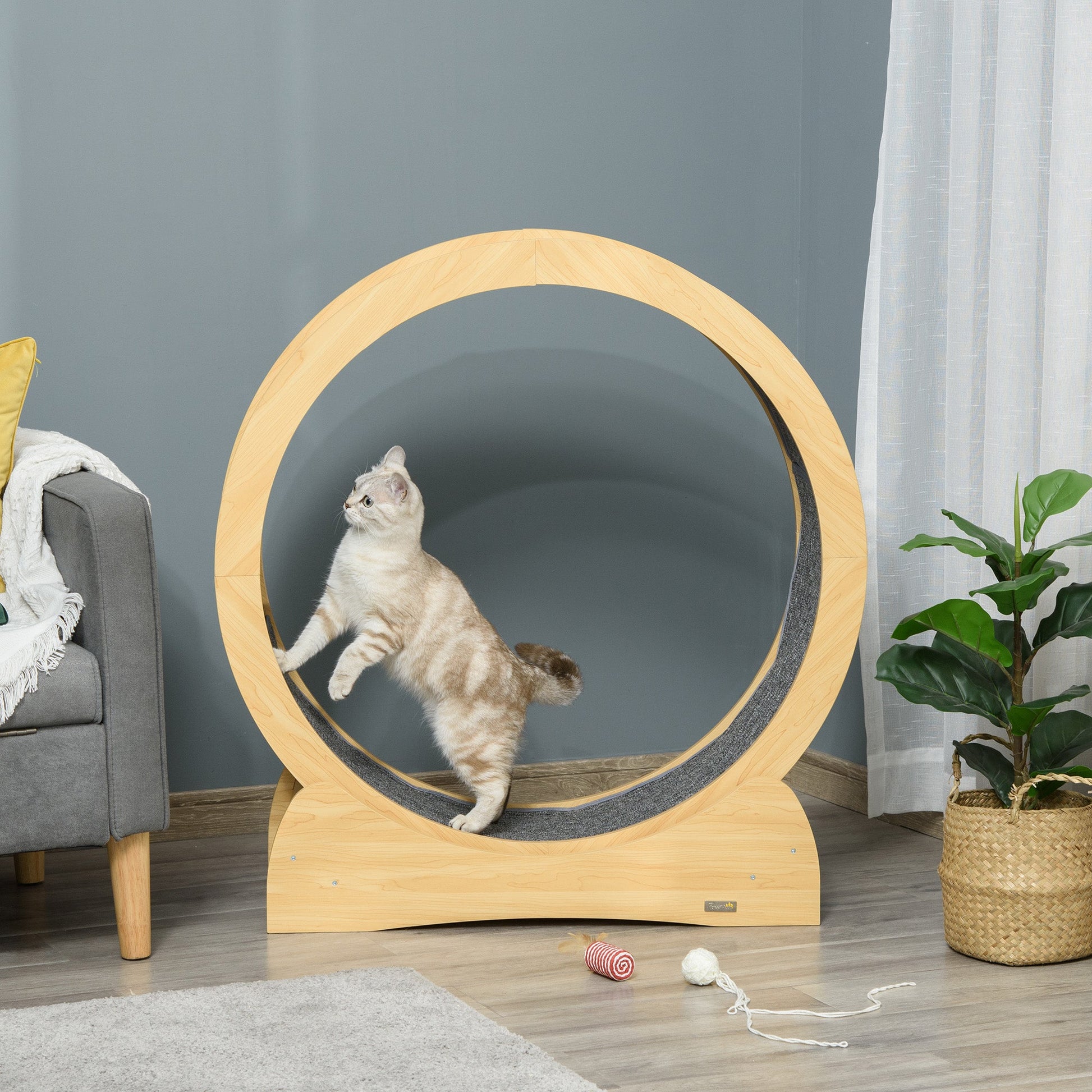 Cat Treadmill, Cat Exercise Wheel, 30 inch Kitten Running Wheel with Brake, Carpeted Runway for Exercise - Natural Wood Finish