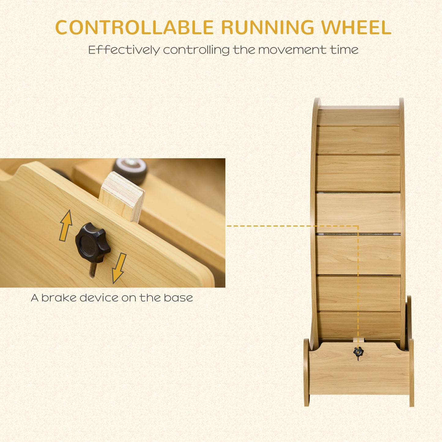 Cat Treadmill, Cat Exercise Wheel, 30 inch Kitten Running Wheel with Brake, Carpeted Runway for Exercise - Natural Wood Finish