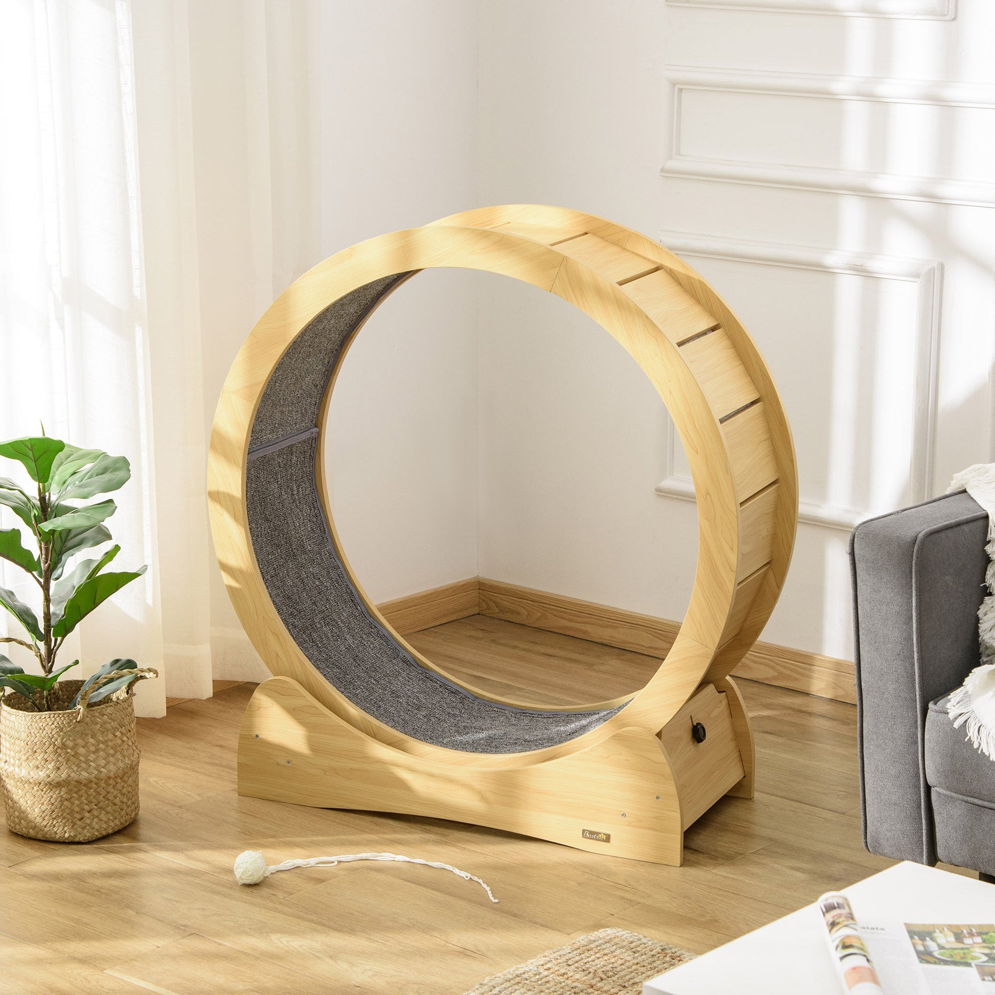 Cat Treadmill, Cat Exercise Wheel, 30 inch Kitten Running Wheel with Brake, Carpeted Runway for Exercise - Natural Wood Finish