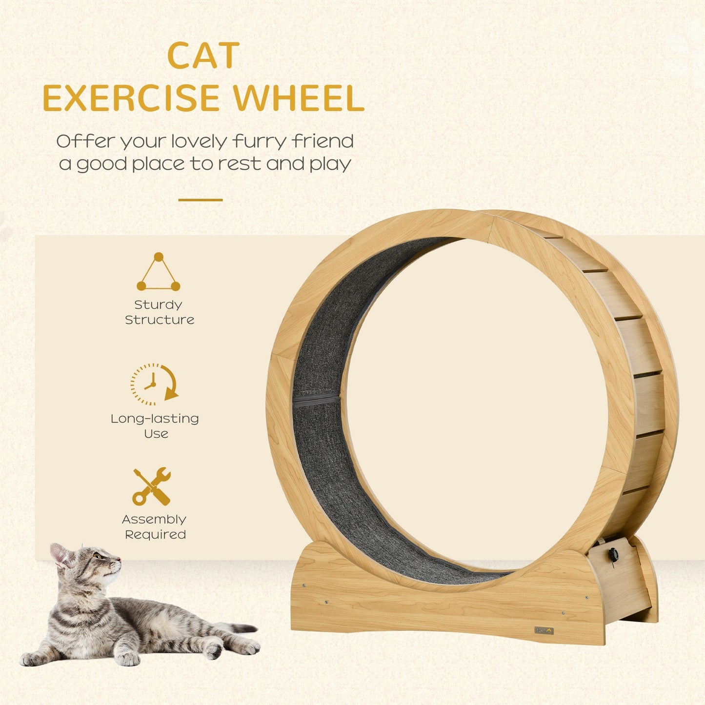 Cat Treadmill, Cat Exercise Wheel, 30 inch Kitten Running Wheel with Brake, Carpeted Runway for Exercise - Natural Wood Finish