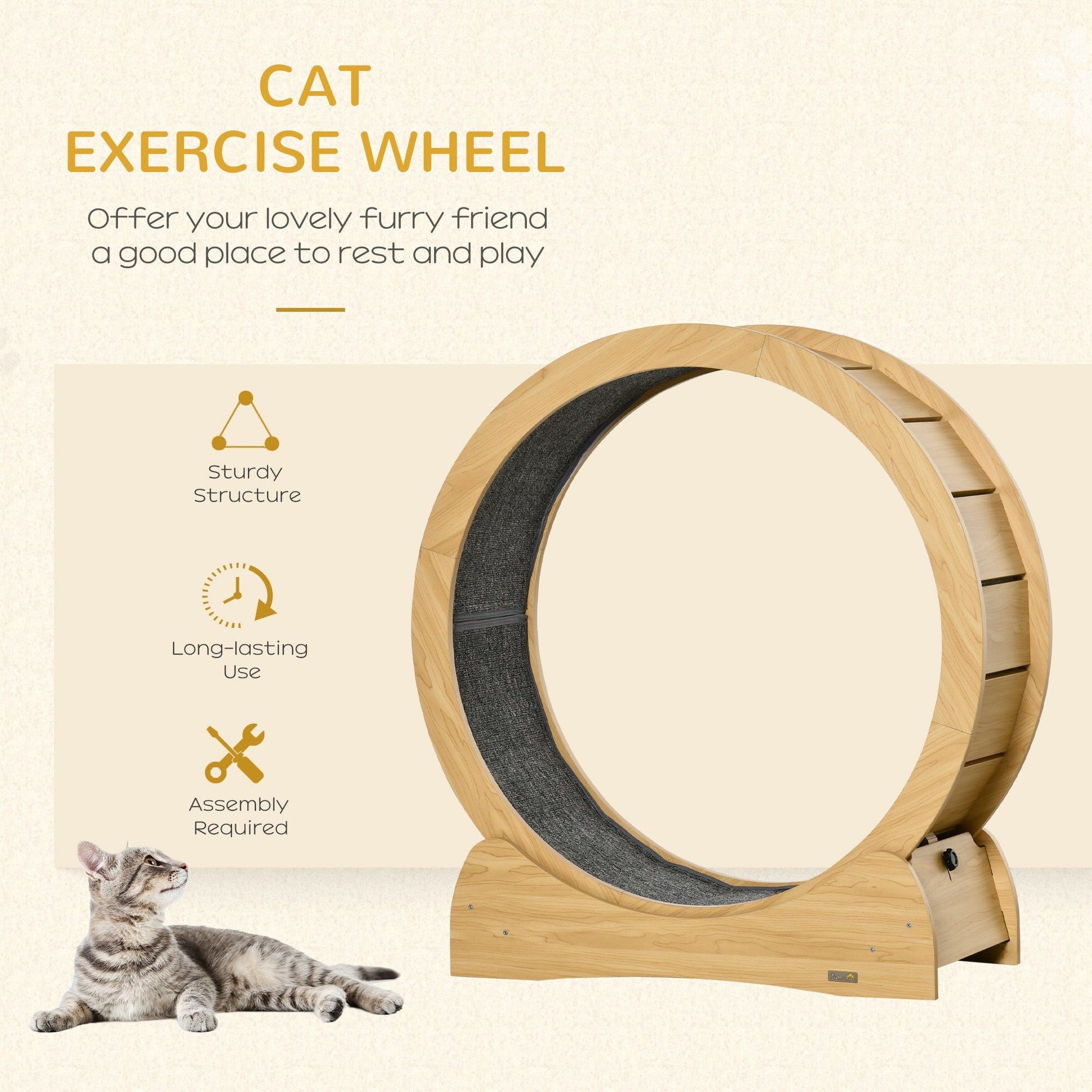 Cat Treadmill, Cat Exercise Wheel, 30 inch Kitten Running Wheel with Brake, Carpeted Runway for Exercise - Natural Wood Finish