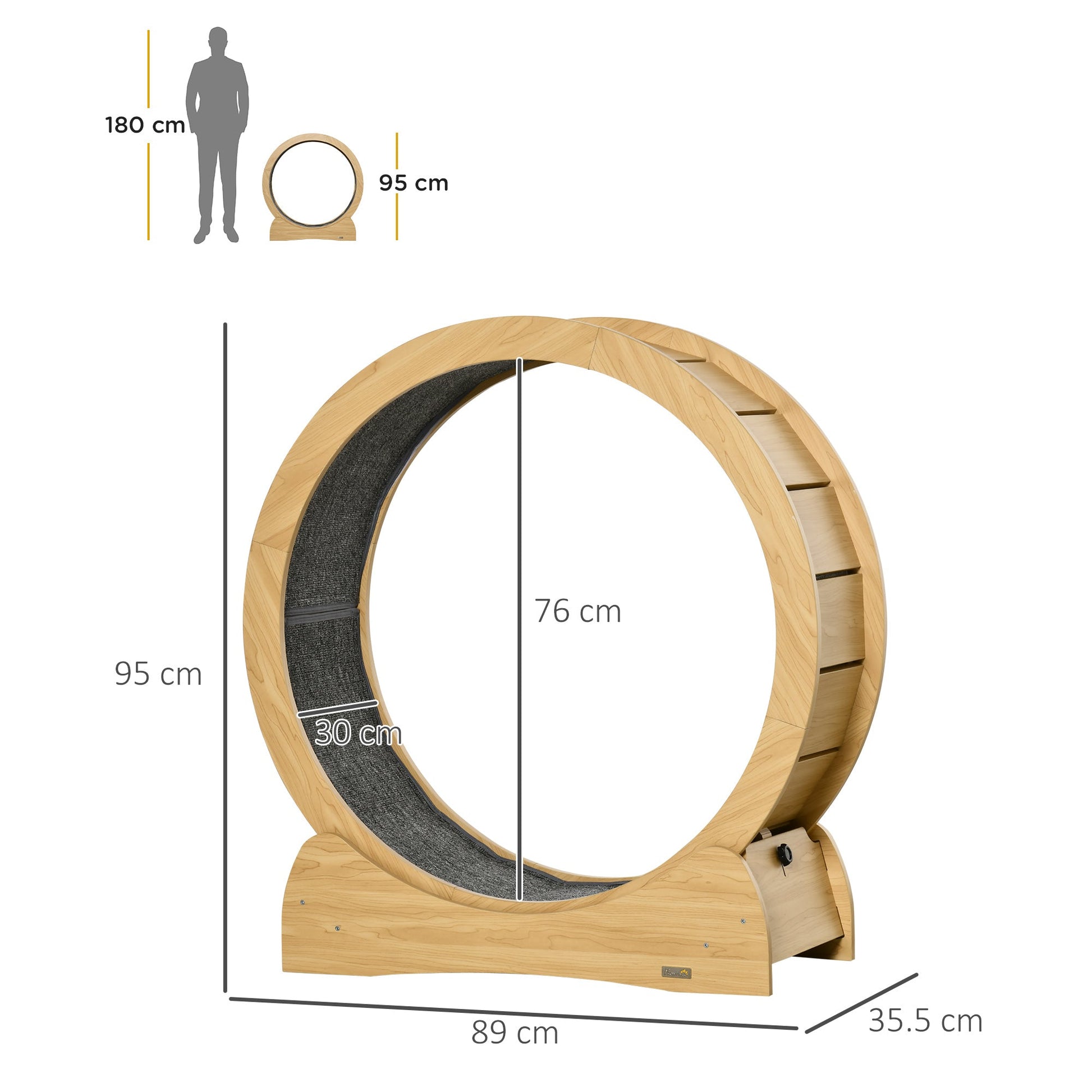 Cat Treadmill, Cat Exercise Wheel, 30 inch Kitten Running Wheel with Brake, Carpeted Runway for Exercise - Natural Wood Finish