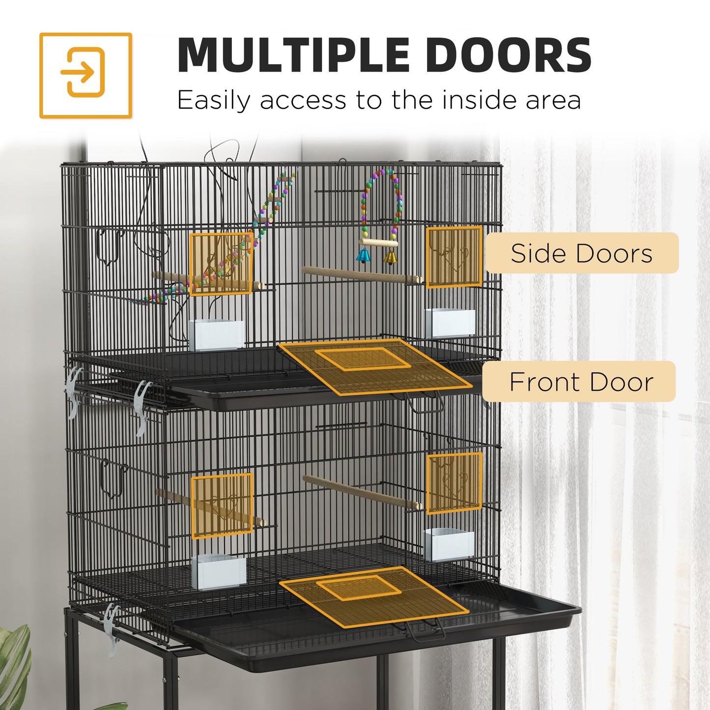 2 Tier Bird Cage, Budgie Cage with Stand, Swing, Rope, Ladder, Wheels, Shelf, Tray, Perches, Food Containers, for Canaries, Lovebirds, Finches