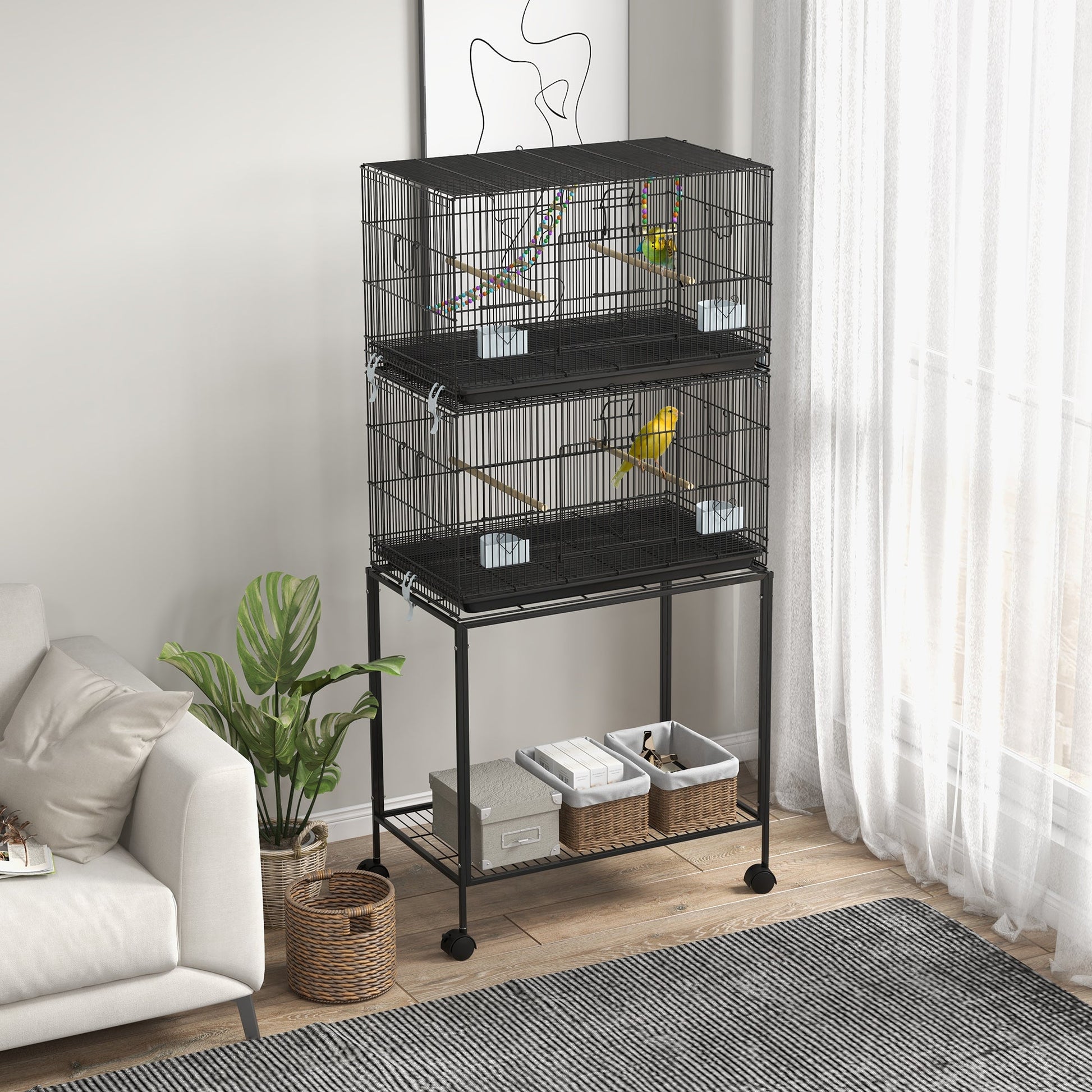 2 Tier Bird Cage, Budgie Cage with Stand, Swing, Rope, Ladder, Wheels, Shelf, Tray, Perches, Food Containers, for Canaries, Lovebirds, Finches
