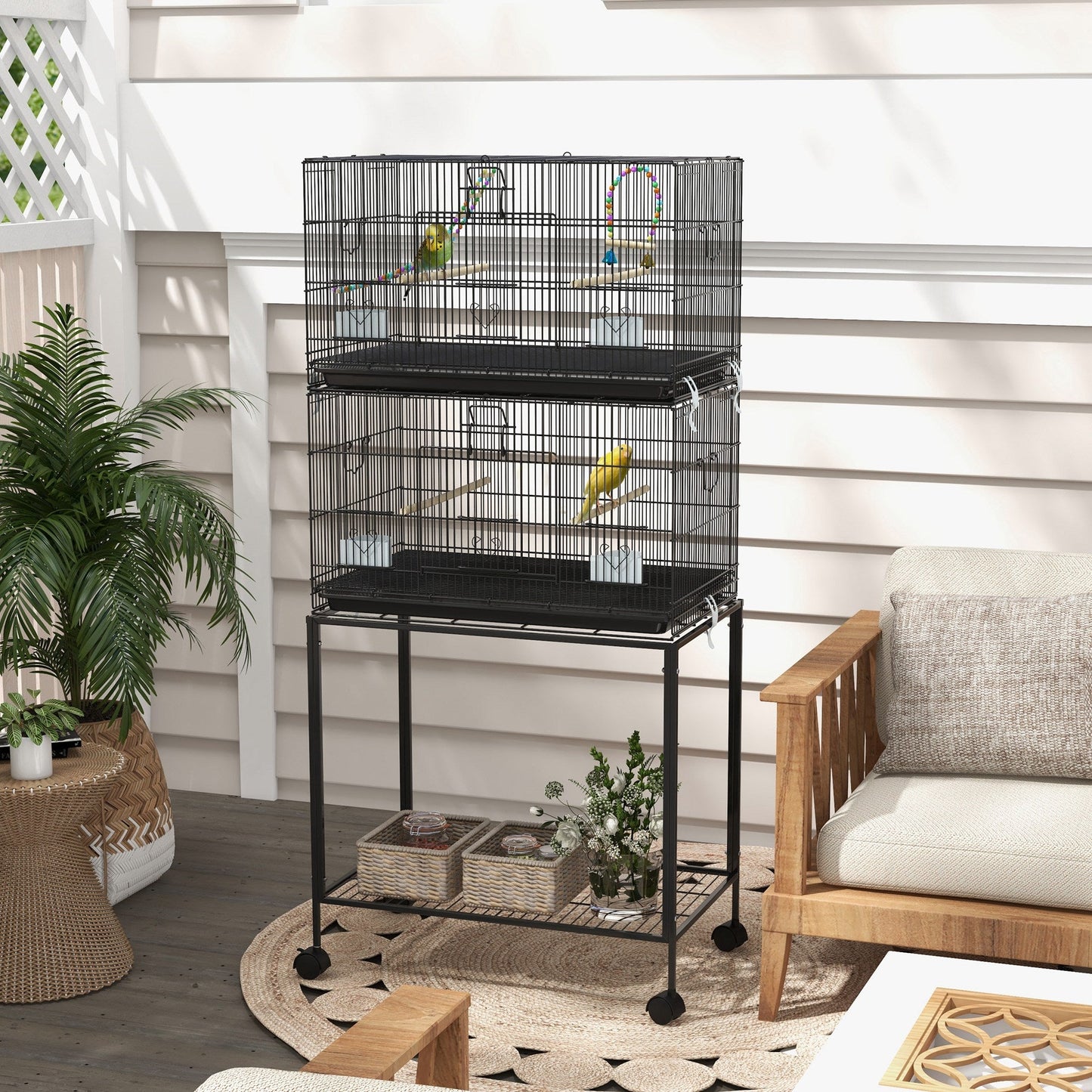 2 Tier Bird Cage, Budgie Cage with Stand, Swing, Rope, Ladder, Wheels, Shelf, Tray, Perches, Food Containers, for Canaries, Lovebirds, Finches