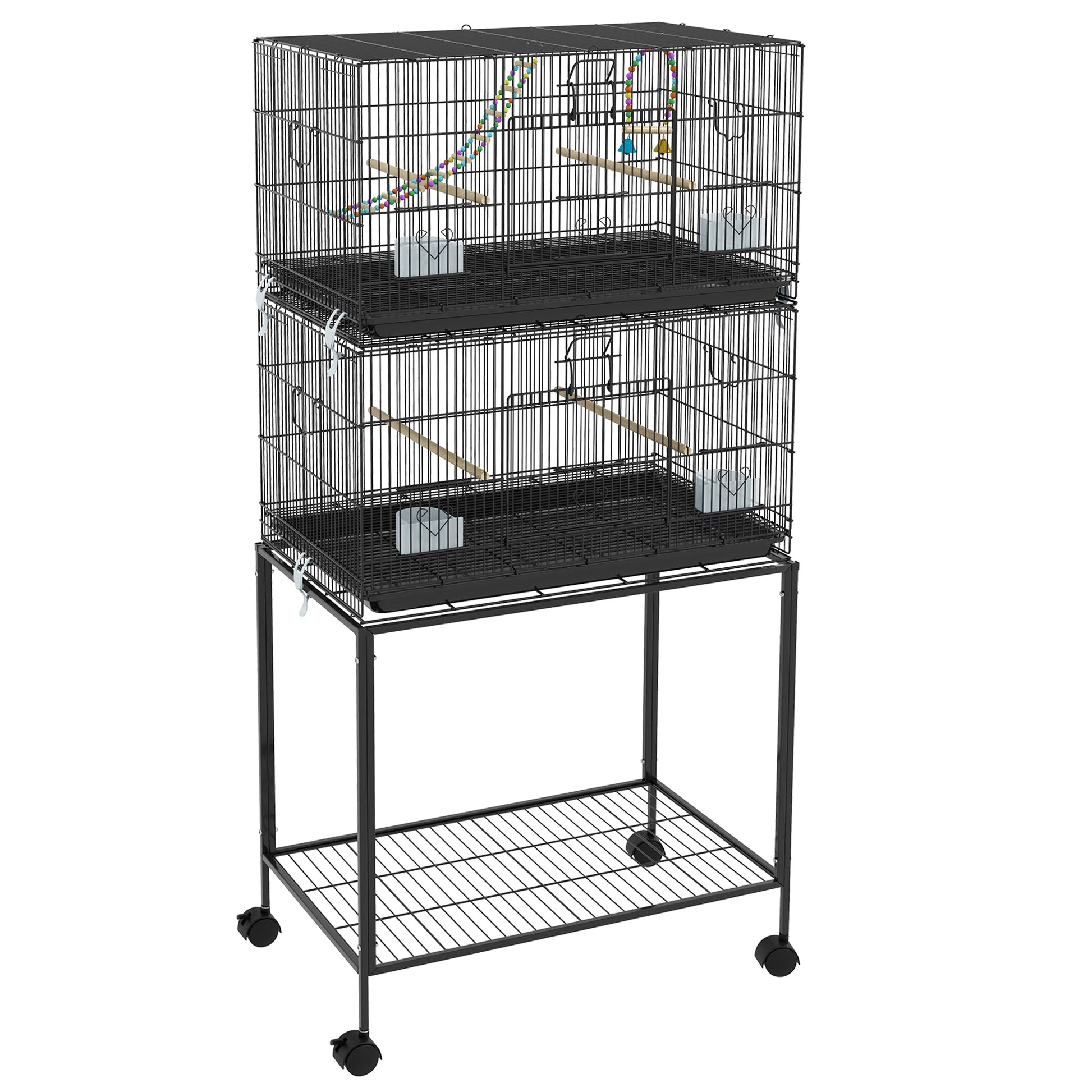 2 Tier Bird Cage, Budgie Cage with Stand, Swing, Rope, Ladder, Wheels, Shelf, Tray, Perches, Food Containers, for Canaries, Lovebirds, Finches