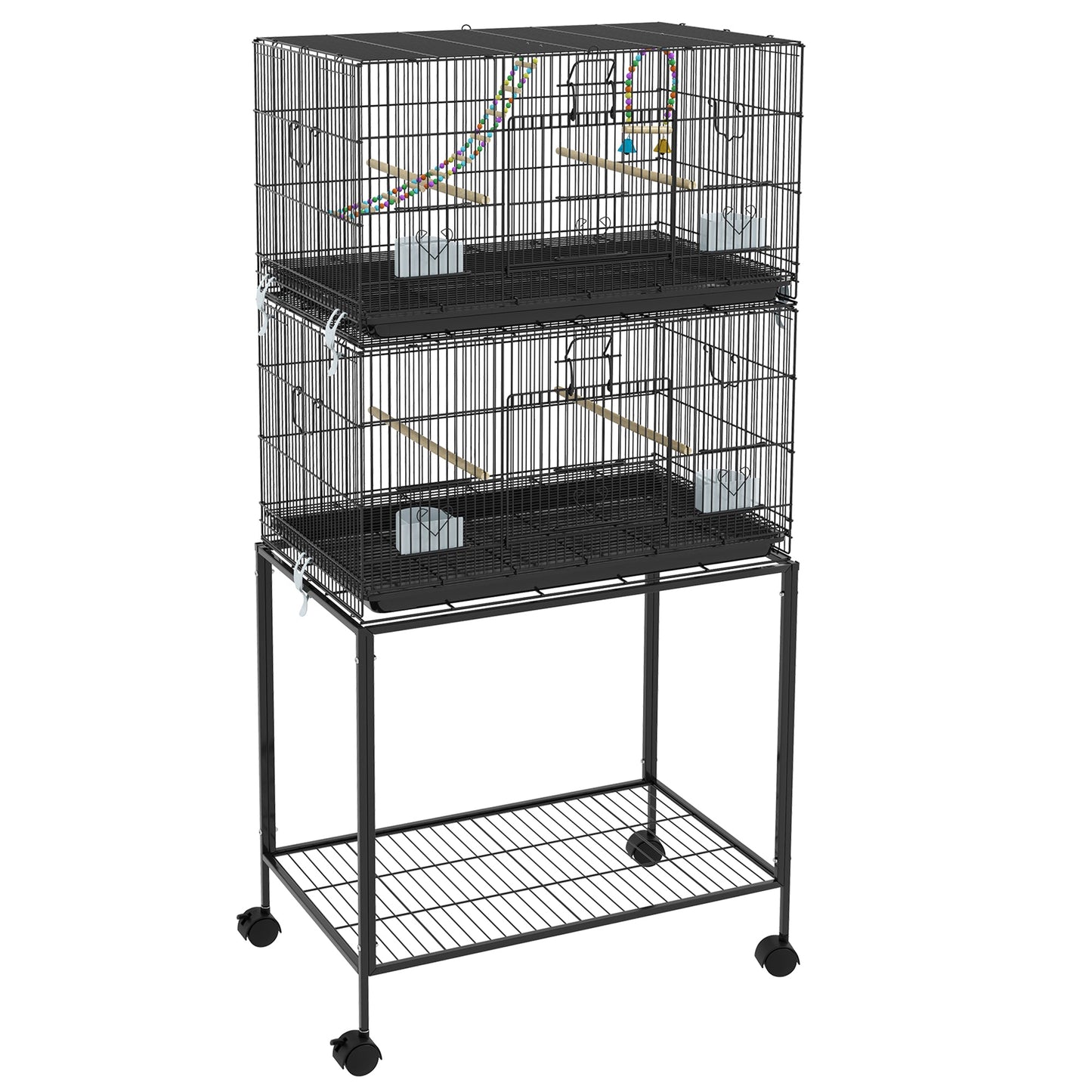 2 Tier Bird Cage, Budgie Cage with Stand, Swing, Rope, Ladder, Wheels, Shelf, Tray, Perches, Food Containers, for Canaries, Lovebirds, Finches