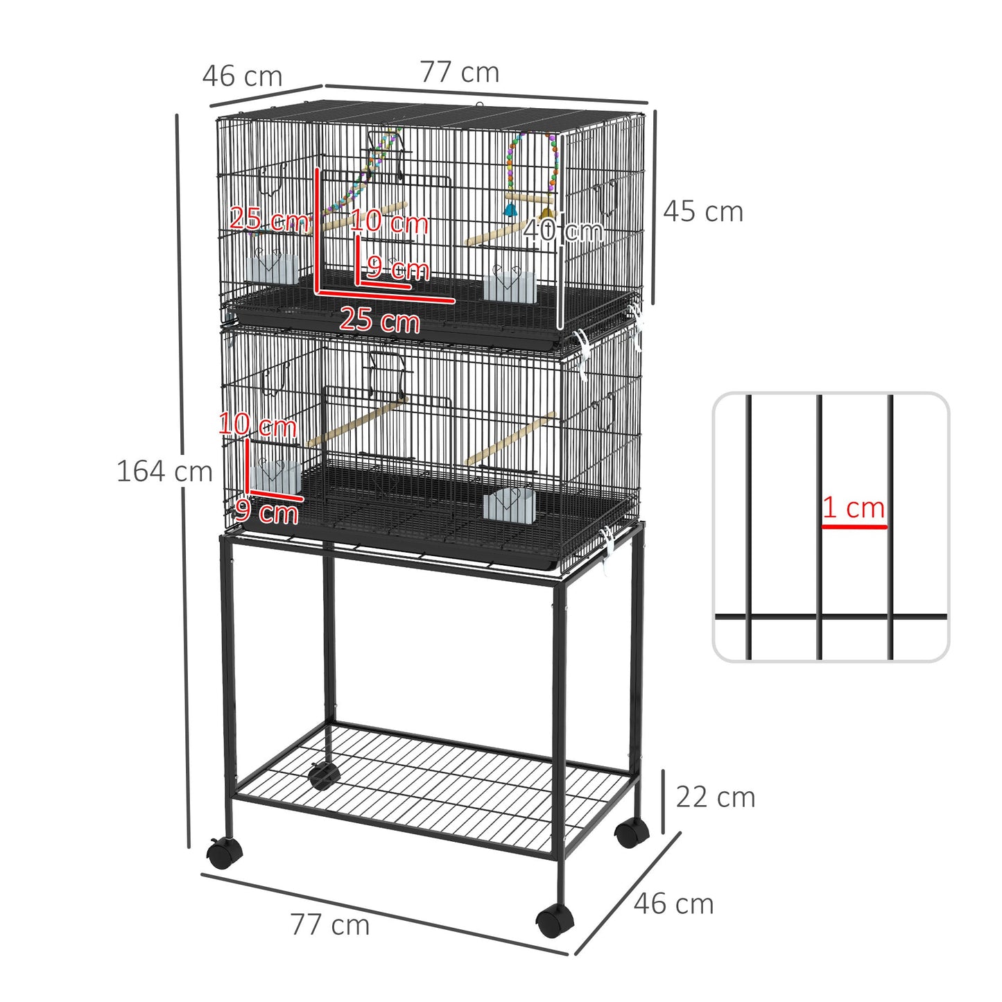 2 Tier Bird Cage, Budgie Cage with Stand, Swing, Rope, Ladder, Wheels, Shelf, Tray, Perches, Food Containers, for Canaries, Lovebirds, Finches