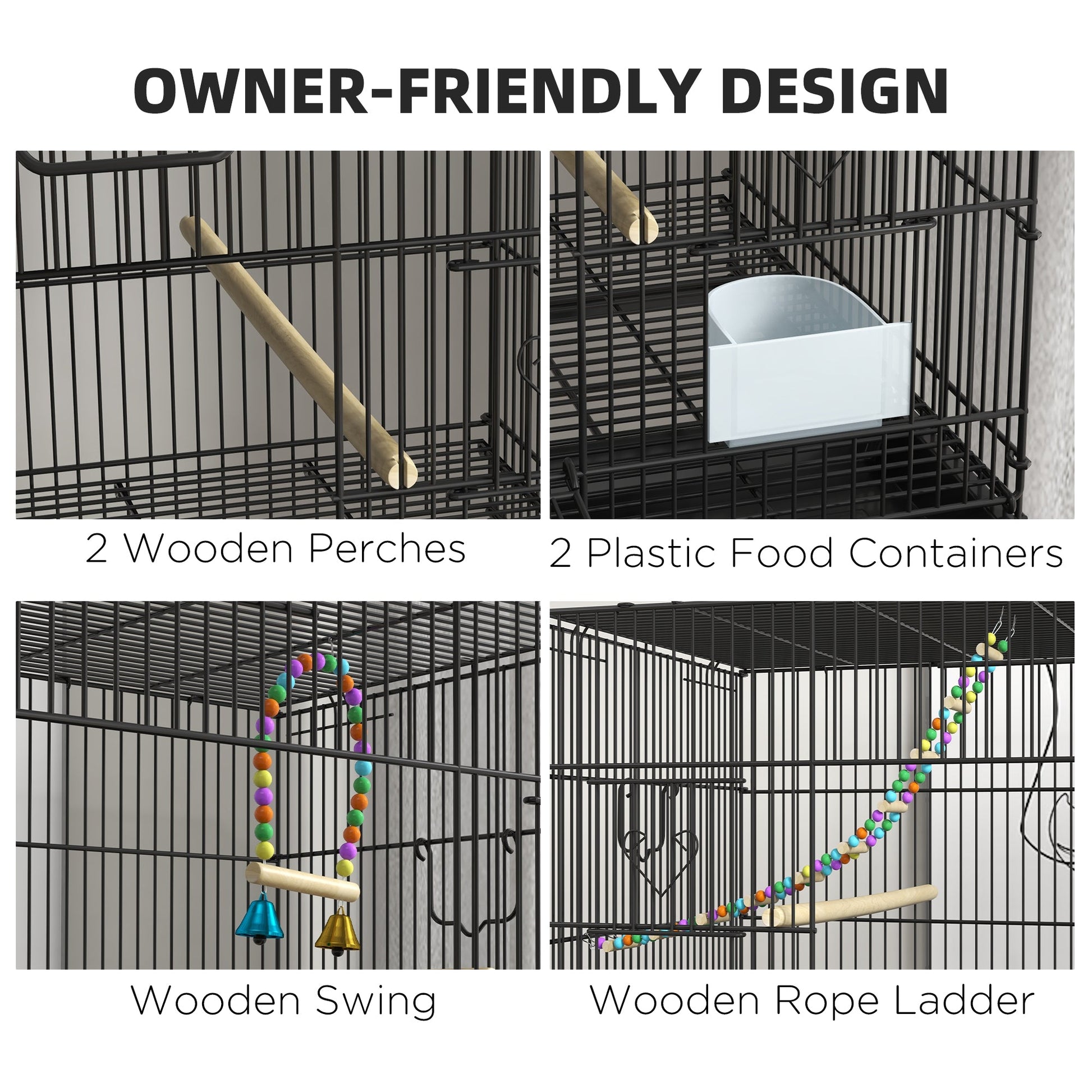 2 Tier Bird Cage, Budgie Cage with Stand, Swing, Rope, Ladder, Wheels, Shelf, Tray, Perches, Food Containers, for Canaries, Lovebirds, Finches