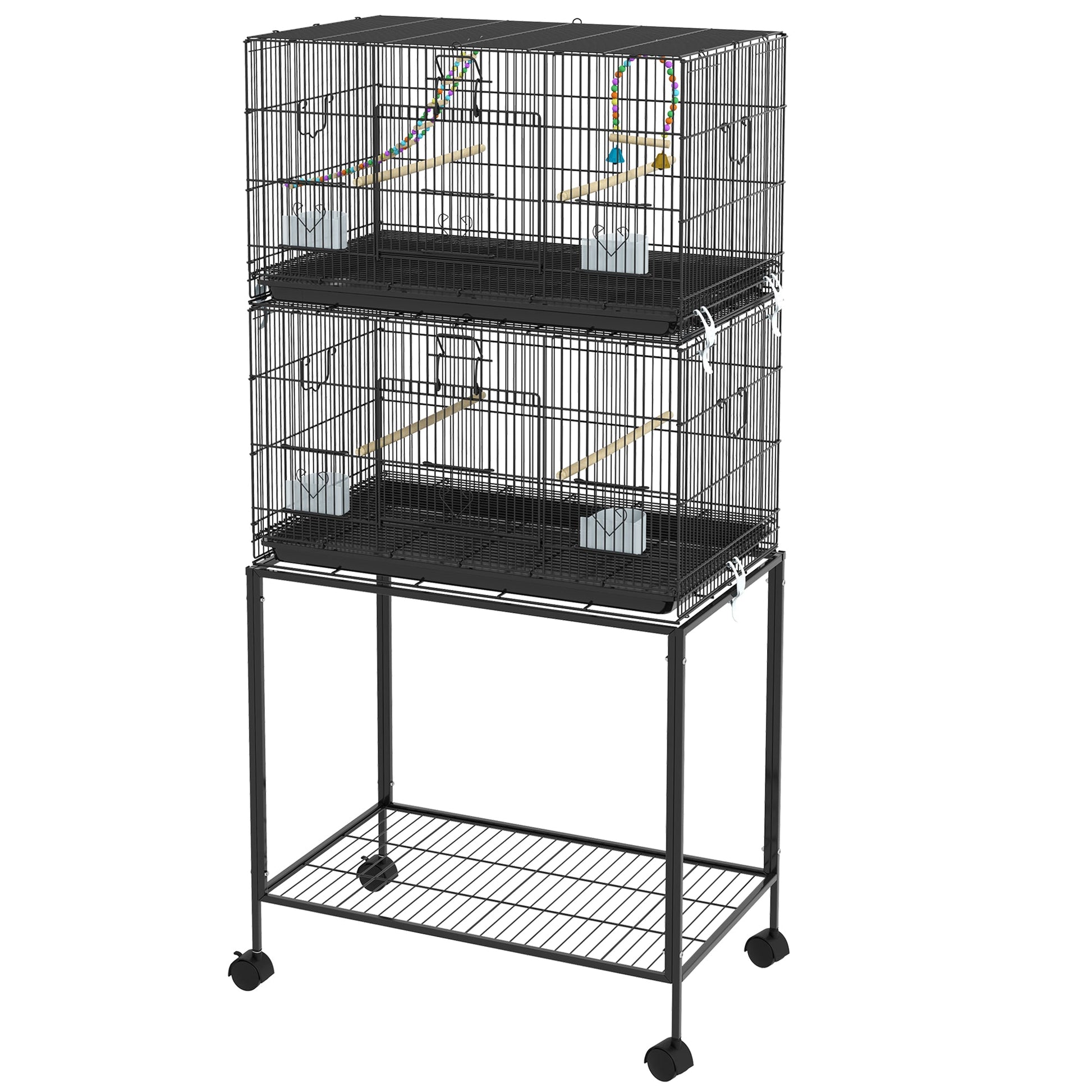 2 Tier Bird Cage, Budgie Cage with Stand, Swing, Rope, Ladder, Wheels, Shelf, Tray, Perches, Food Containers, for Canaries, Lovebirds, Finches