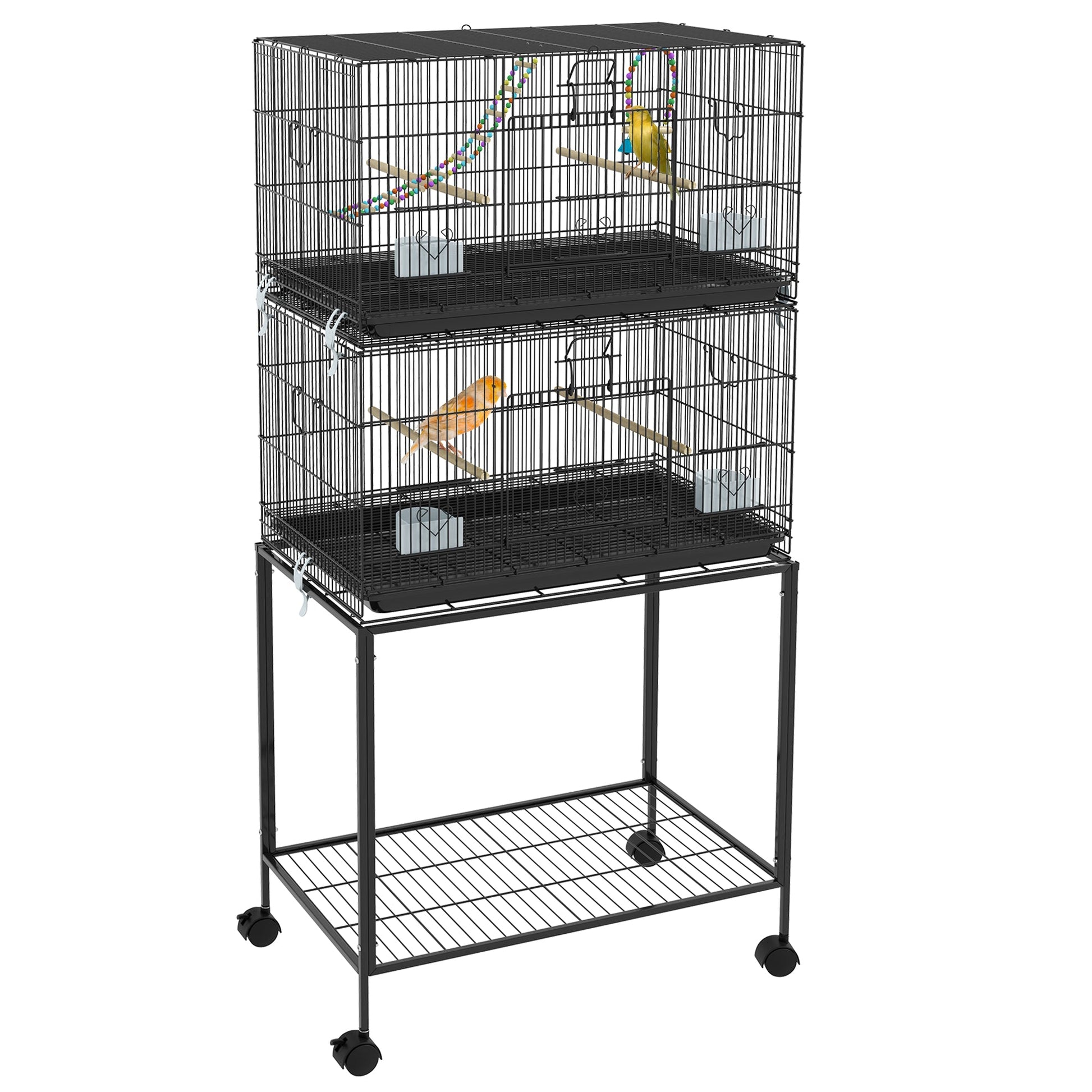 2 Tier Bird Cage, Budgie Cage with Stand, Swing, Rope, Ladder, Wheels, Shelf, Tray, Perches, Food Containers, for Canaries, Lovebirds, Finches