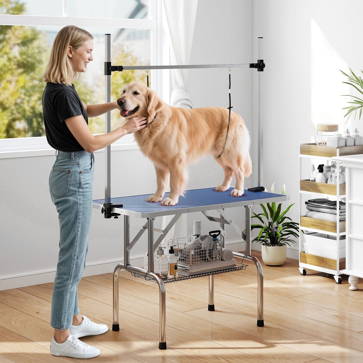 42" Foldable Dog Grooming Table Adjustable Pet Cat Drying Beauty Table Rubber Top with 2 Loops Storage Basket Metal Blue