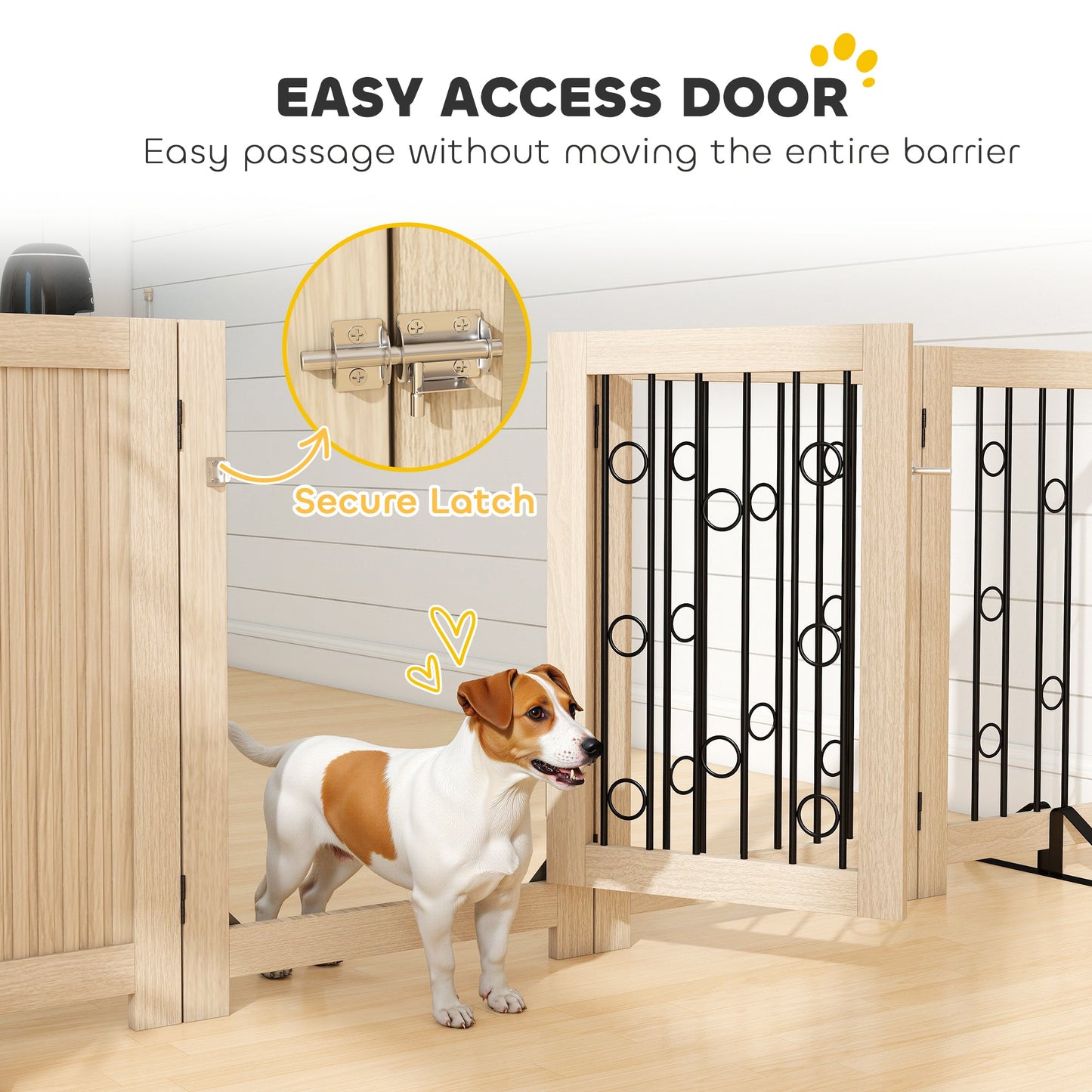 Freestanding Pet Gate, Foldable Dog Gate with Lockable Door, Support Feet & 360° Flexible Hinges, 4 Panel Indoor Safety Dog Barrier for House, Stairs, Doorway, 205 x 30.5 x 70 cm, Oak