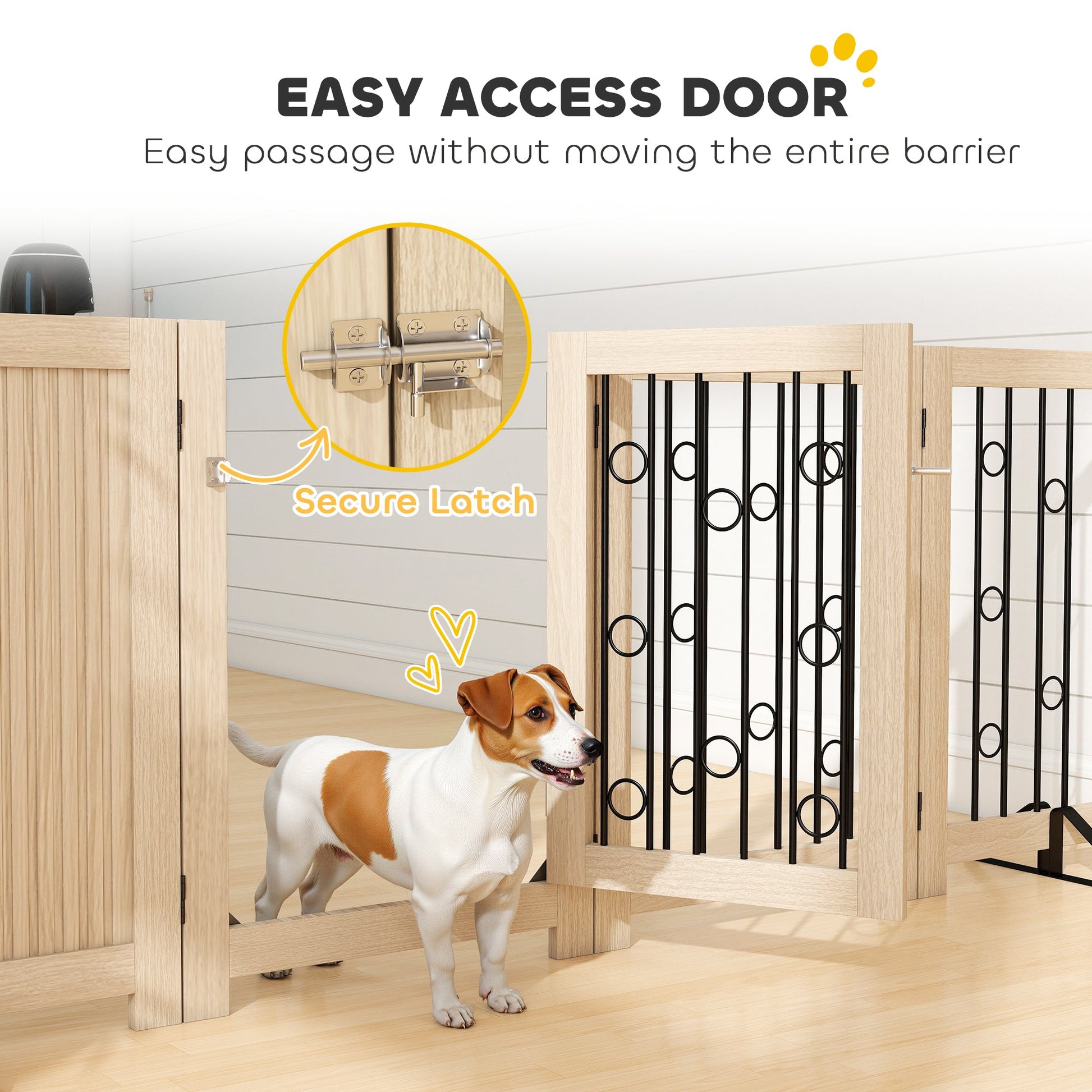 Freestanding Pet Gate, Foldable Dog Gate with Lockable Door, Support Feet & 360° Flexible Hinges, 4 Panel Indoor Safety Dog Barrier for House, Stairs, Doorway, 205 x 30.5 x 70 cm, Oak