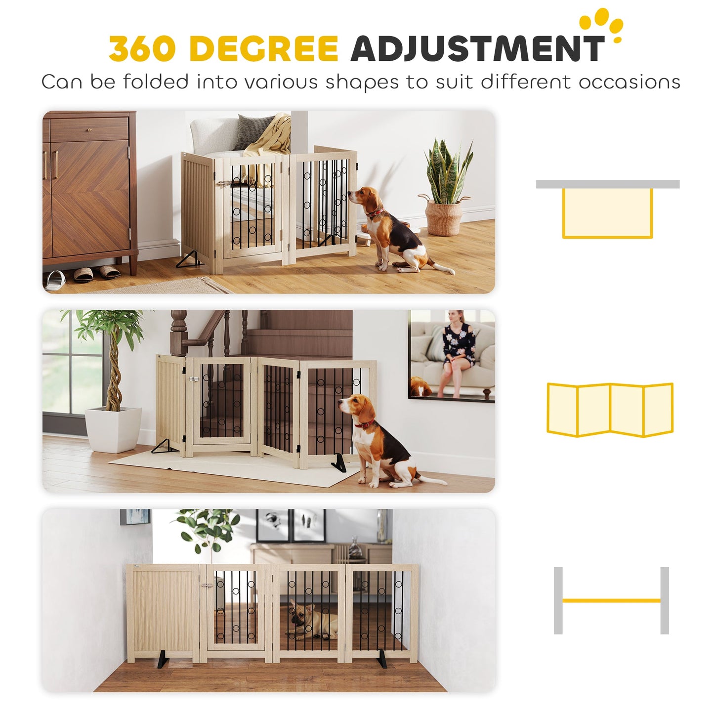 Freestanding Pet Gate, Foldable Dog Gate with Lockable Door, Support Feet & 360° Flexible Hinges, 4 Panel Indoor Safety Dog Barrier for House, Stairs, Doorway, 205 x 30.5 x 70 cm, Oak