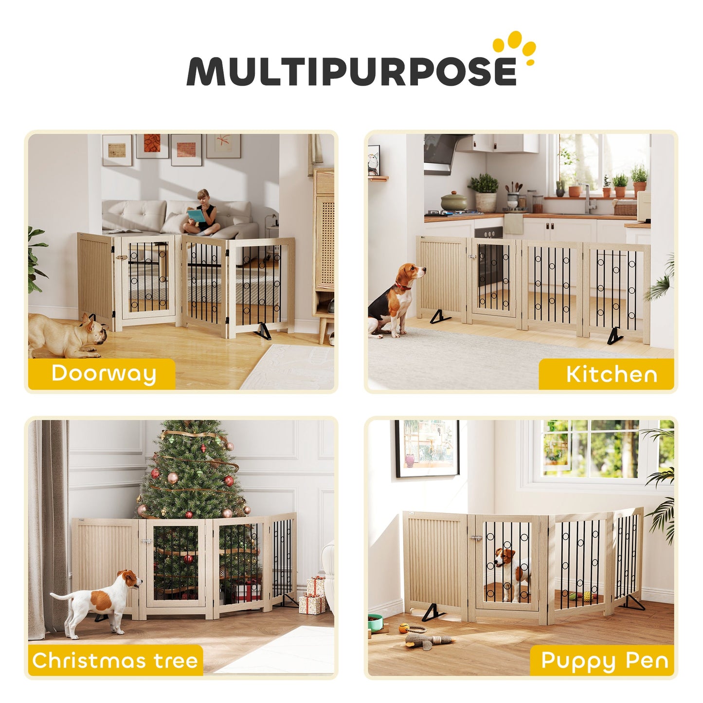 Freestanding Pet Gate, Foldable Dog Gate with Lockable Door, Support Feet & 360° Flexible Hinges, 4 Panel Indoor Safety Dog Barrier for House, Stairs, Doorway, 205 x 30.5 x 70 cm, Oak