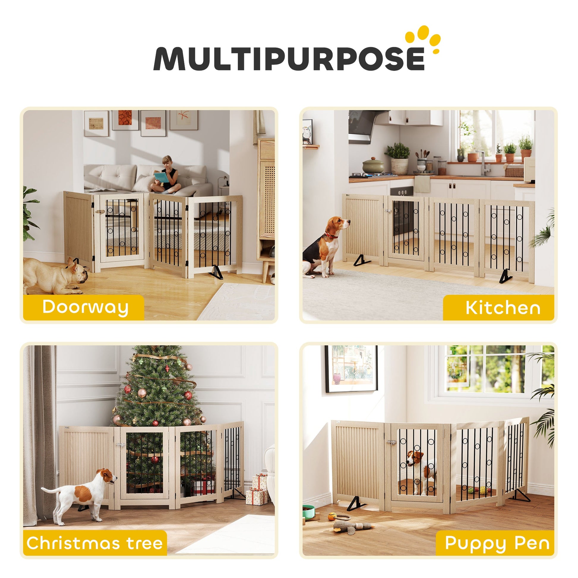 Freestanding Pet Gate, Foldable Dog Gate with Lockable Door, Support Feet & 360° Flexible Hinges, 4 Panel Indoor Safety Dog Barrier for House, Stairs, Doorway, 205 x 30.5 x 70 cm, Oak