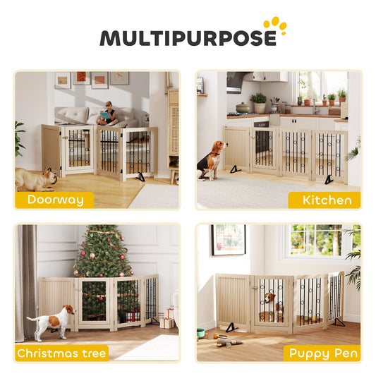 Freestanding Pet Gate, Foldable Dog Gate with Lockable Door, Support Feet & 360° Flexible Hinges, 4 Panel Indoor Safety Dog Barrier for House, Stairs, Doorway, 205 x 30.5 x 70 cm, Oak