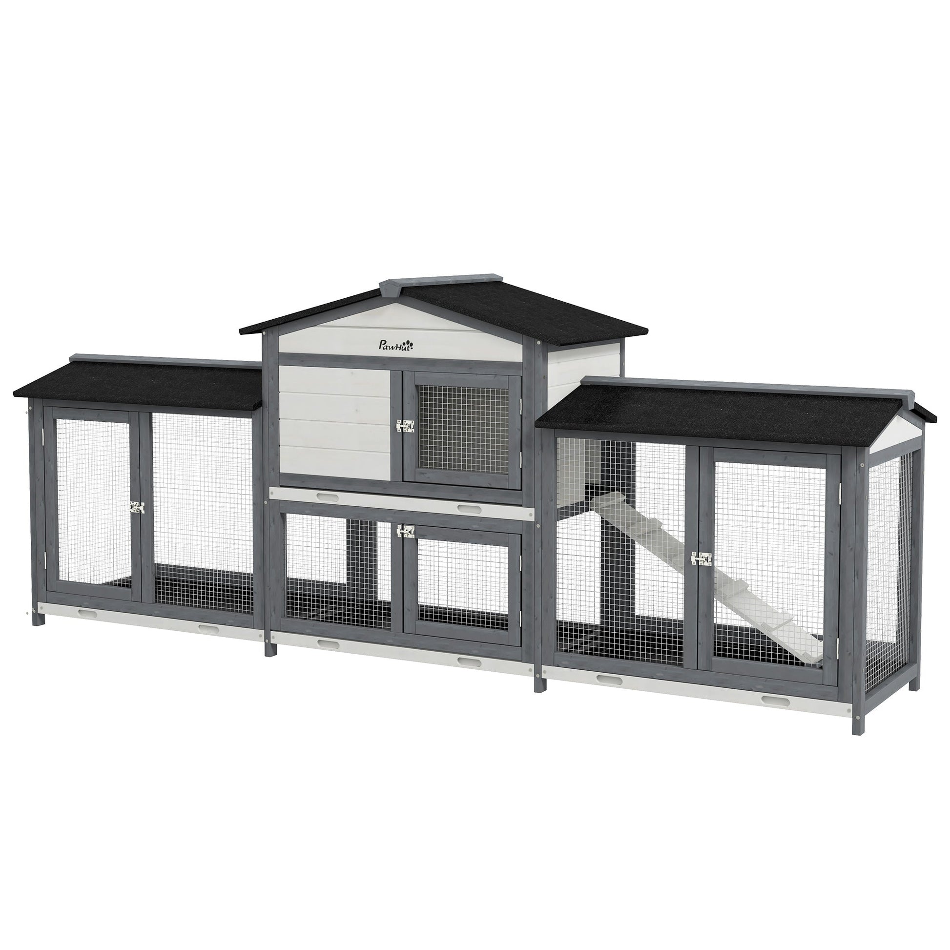 Large Rabbit Hutch Outdoor, 2-Tier Guinea Pig Hutch, Wooden Bunny Run, Small Animal House with Double Side Run Boxes, No-leak Plastic Tray, Ramp, 230 x 53 x 93.5cm, Light Grey