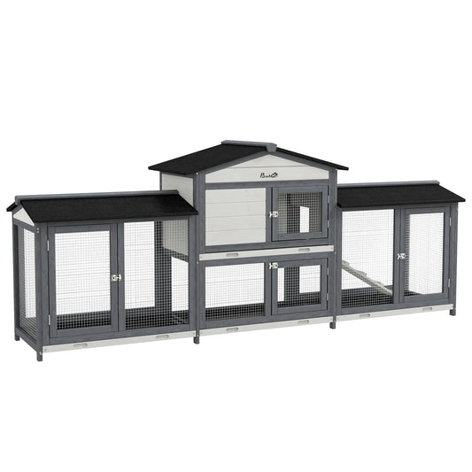 Large Rabbit Hutch Outdoor, 2-Tier Guinea Pig Hutch, Wooden Bunny Run, Small Animal House with Double Side Run Boxes, No-leak Plastic Tray, Ramp, 230 x 53 x 93.5cm, Light Grey