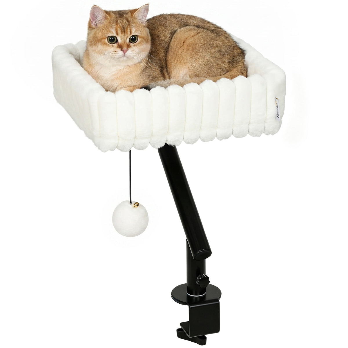 Cat Desk Bed, 360° Rotatable Raised Cat House for Desk and Window, Soft Kitten Hammock with Hanging Ball, Adjustable Clamp for Indoor Kittens, White