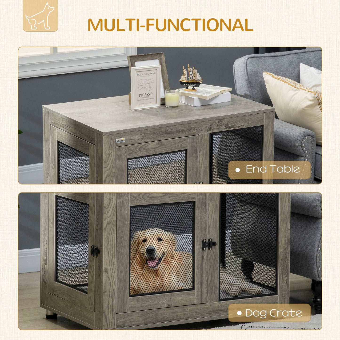 Dog Crate Furniture End Table w/ Soft Washable Cushion, Two Doors, Indoor Pet Kennel for Small Medium Large Dogs w/ Wire Mesh, Grey