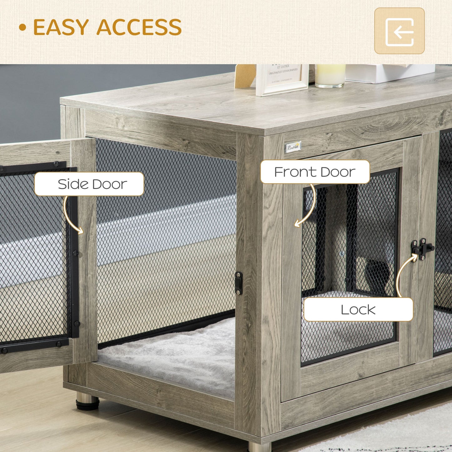 Dog Crate Furniture End Table w/ Soft Washable Cushion, Two Doors, Indoor Pet Kennel for Small Medium Large Dogs w/ Wire Mesh, Grey