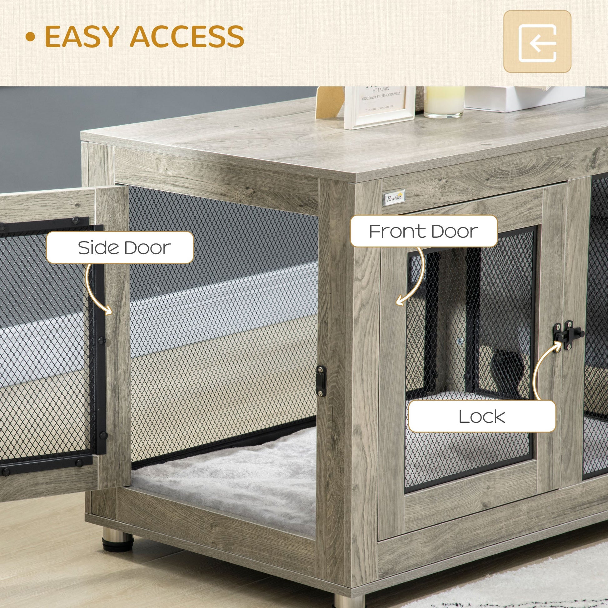 Dog Crate Furniture End Table w/ Soft Washable Cushion, Two Doors, Indoor Pet Kennel for Small Medium Large Dogs w/ Wire Mesh, Grey