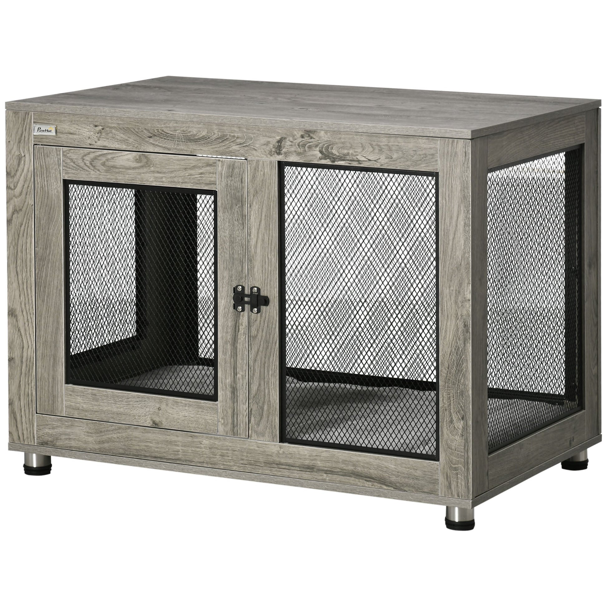 Dog Crate Furniture End Table w/ Soft Washable Cushion, Two Doors, Indoor Pet Kennel for Small Medium Large Dogs w/ Wire Mesh, Grey
